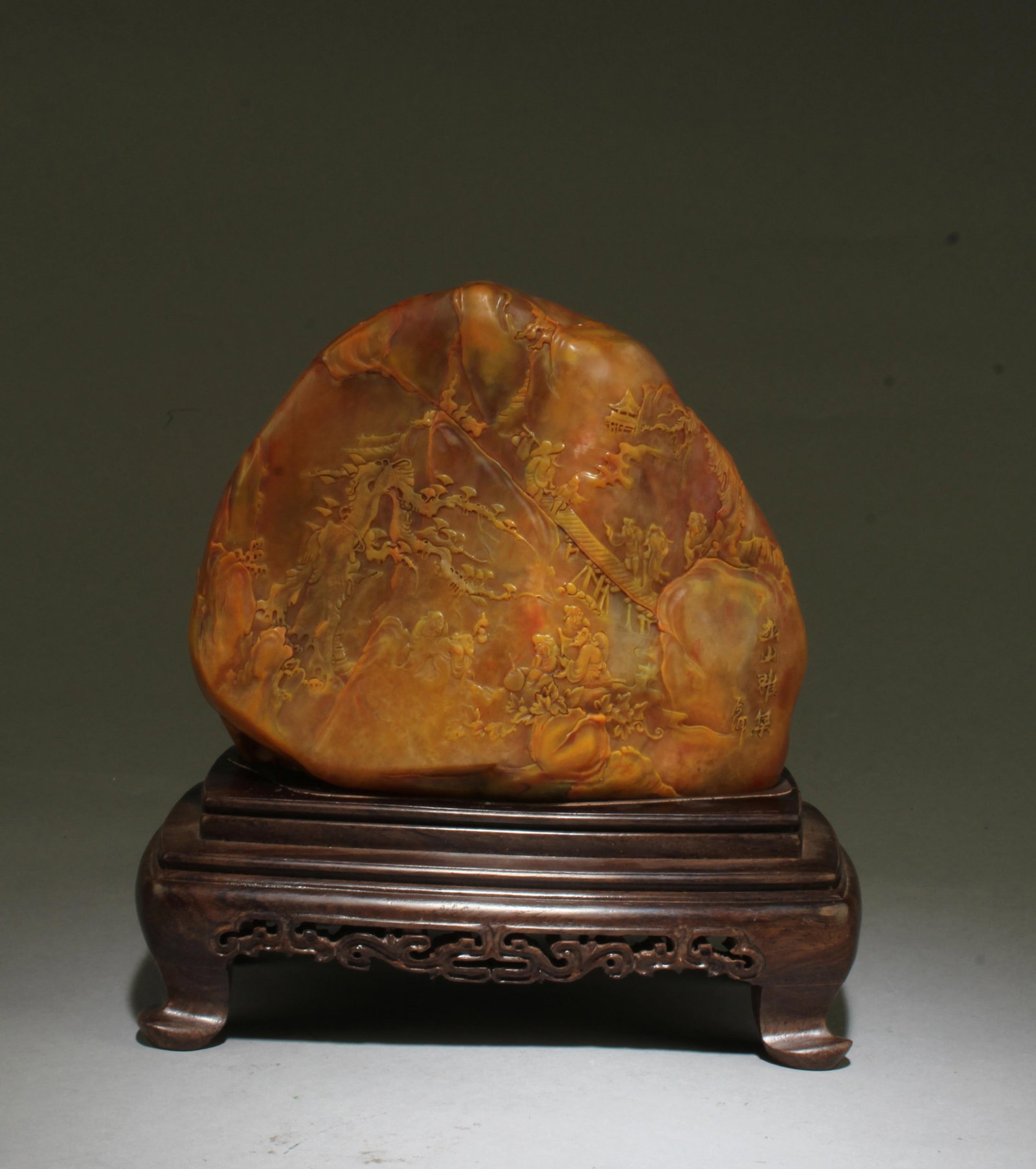 Chinese Carved Tianhuang Stone: Chinese Carved Tianhuang Stone. Comes fitted with a wooden stand. Length: 6.25" Weight: 2445 g.