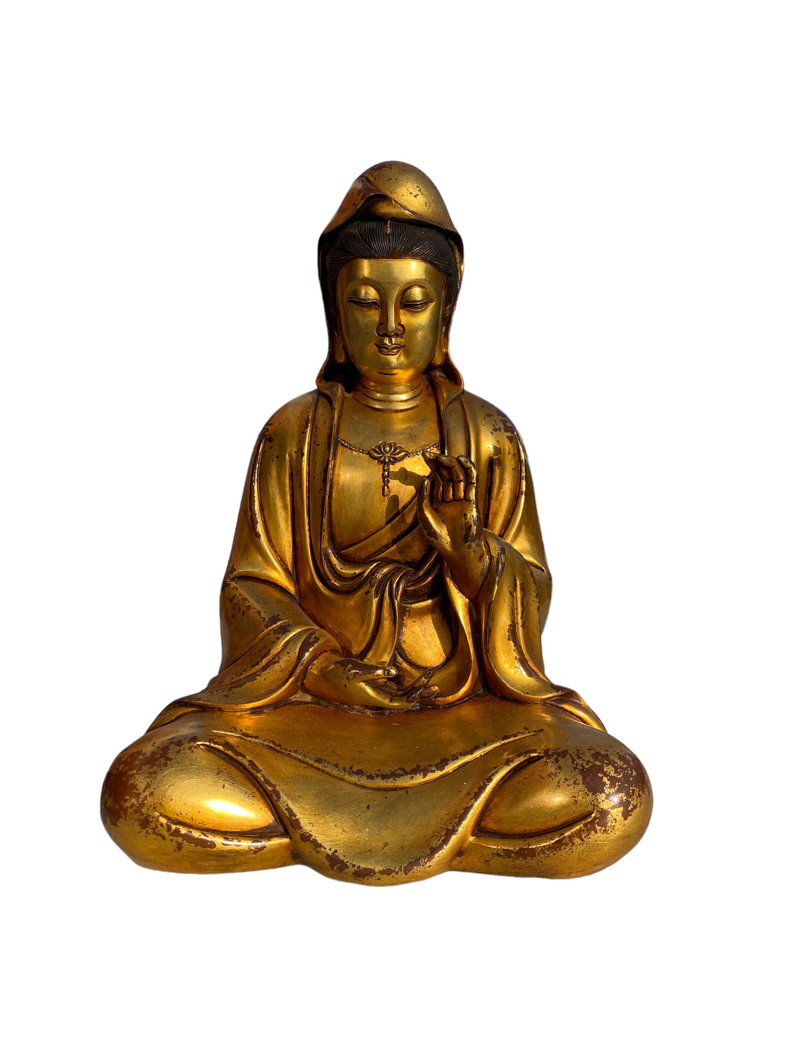 A Gilt Bronze Seated Guanyin Statue: A Gilt Bronze Seated Guanyin Statue. 'YongLe' mark. Weight: 14.5 lb Height: 11" Length: 8.2"