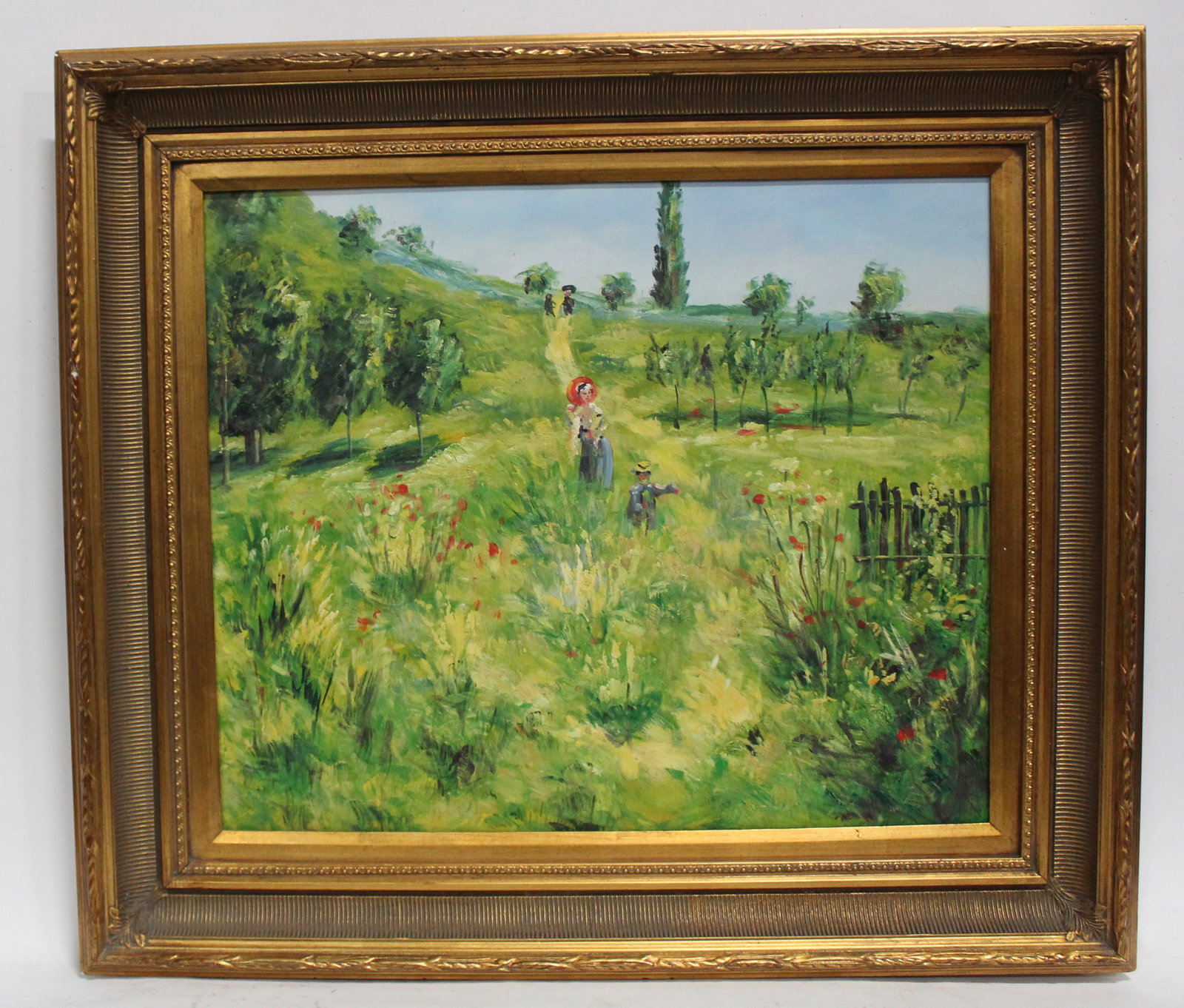 A Framed Oil Painting: A Framed Oil Painting, depicting a woman with child in the field. Length: 31.5" Height: 27.5"