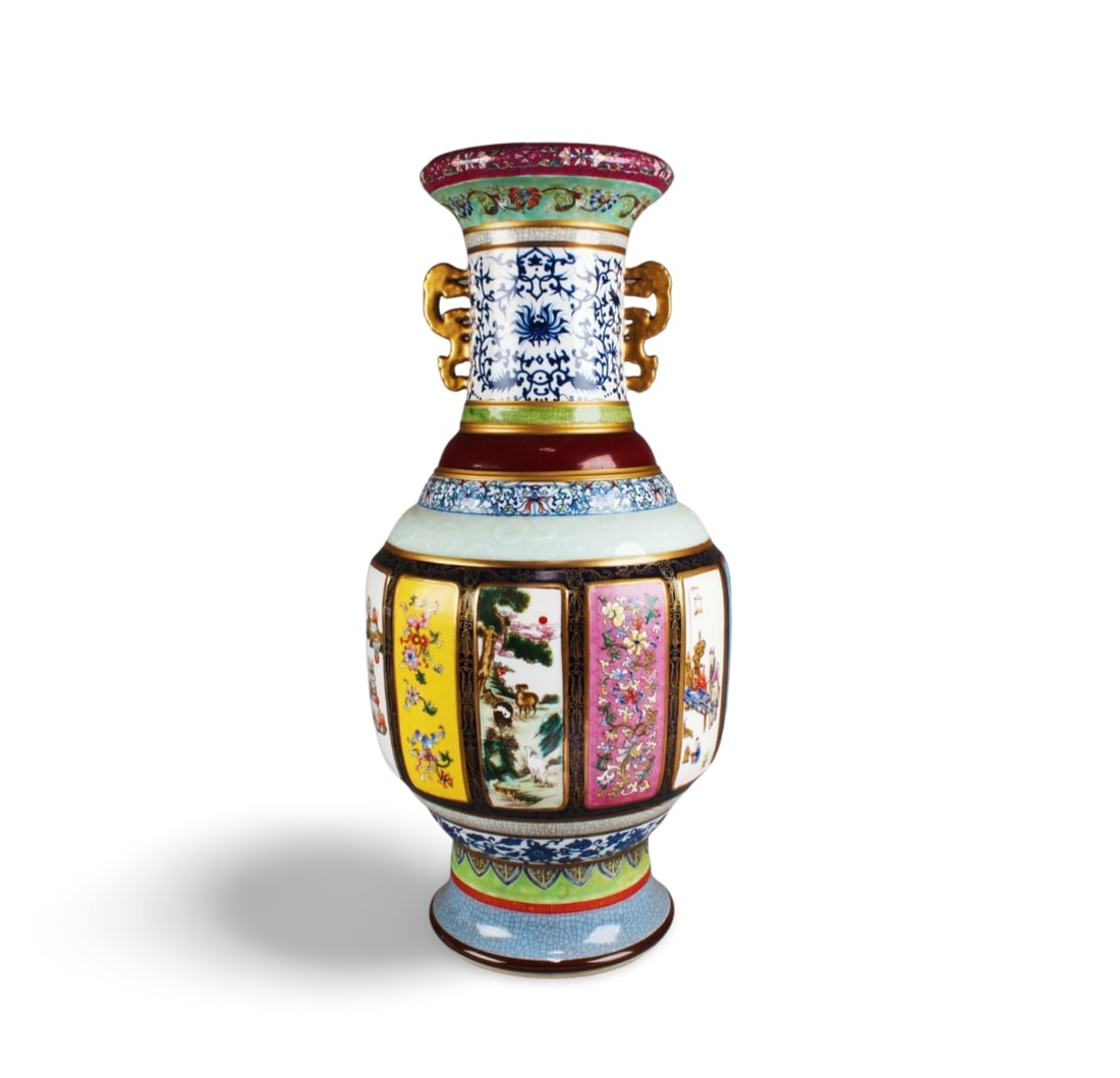 Chinese Famille Rose Porcelain Vase: Chinese Famille Rose Porcelain Vase. 'qianLong' mark at base. Height: 24.25"