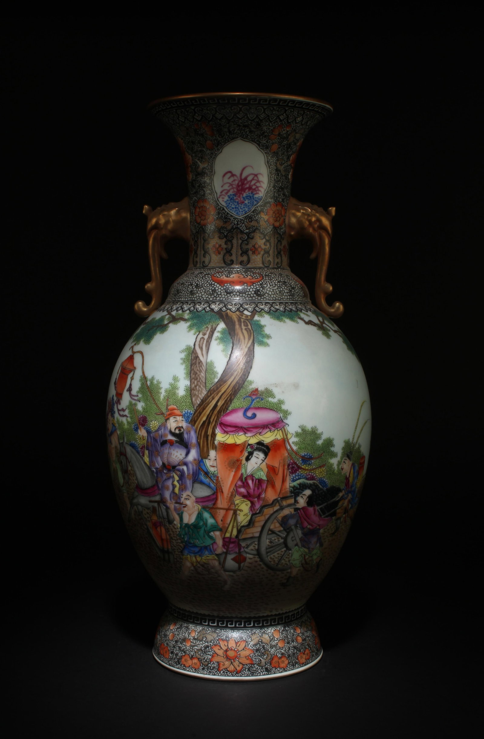 Chinese Porcelain Vase: Chinese Porcelain Vase, flanked with twin handles. 'QianLong' mark at base. Height: 18