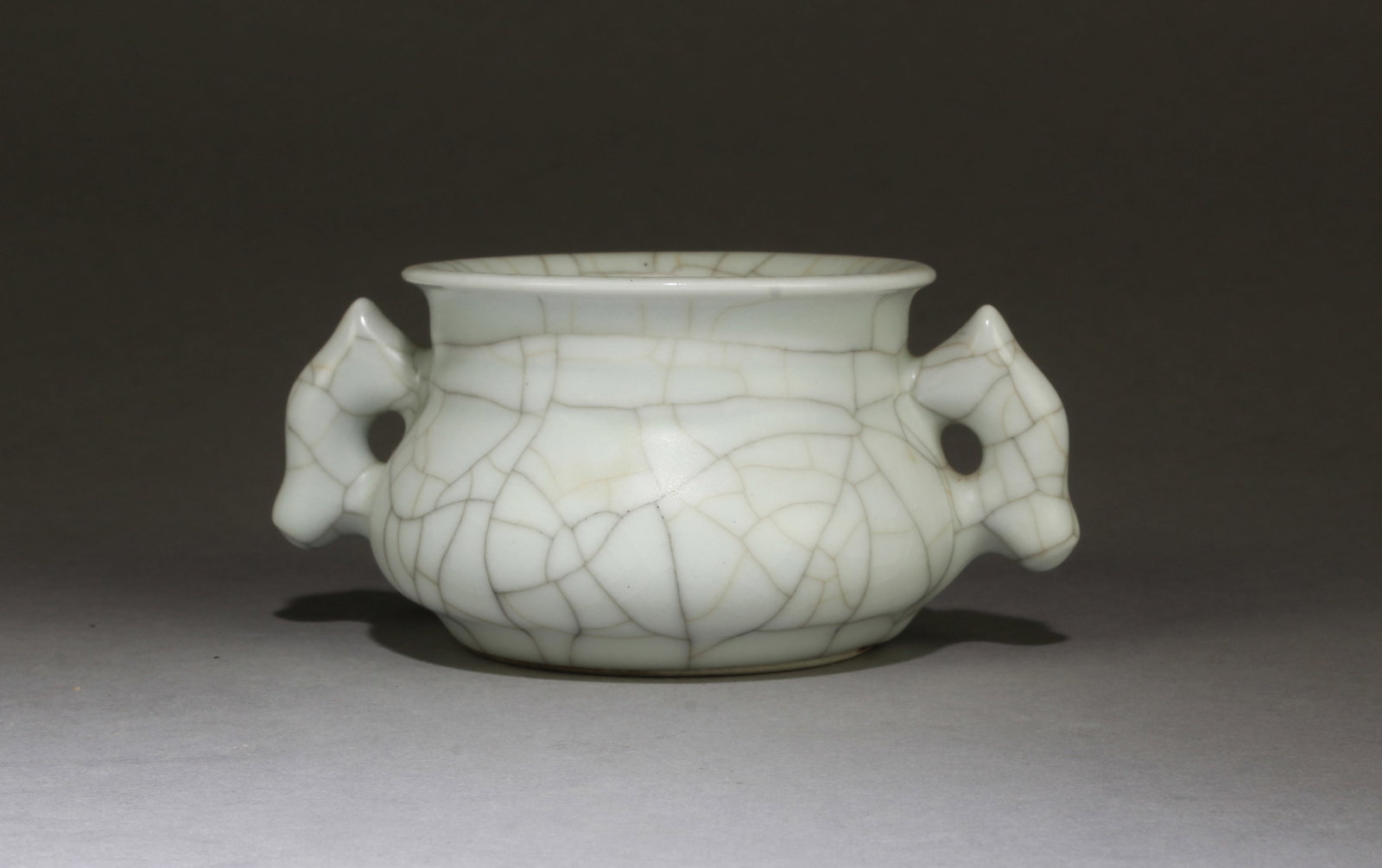Chinese Crackleware Double Ear Censer: Chinese Crackleware Censer, flanked by twin handles. Diameter: 4.75"