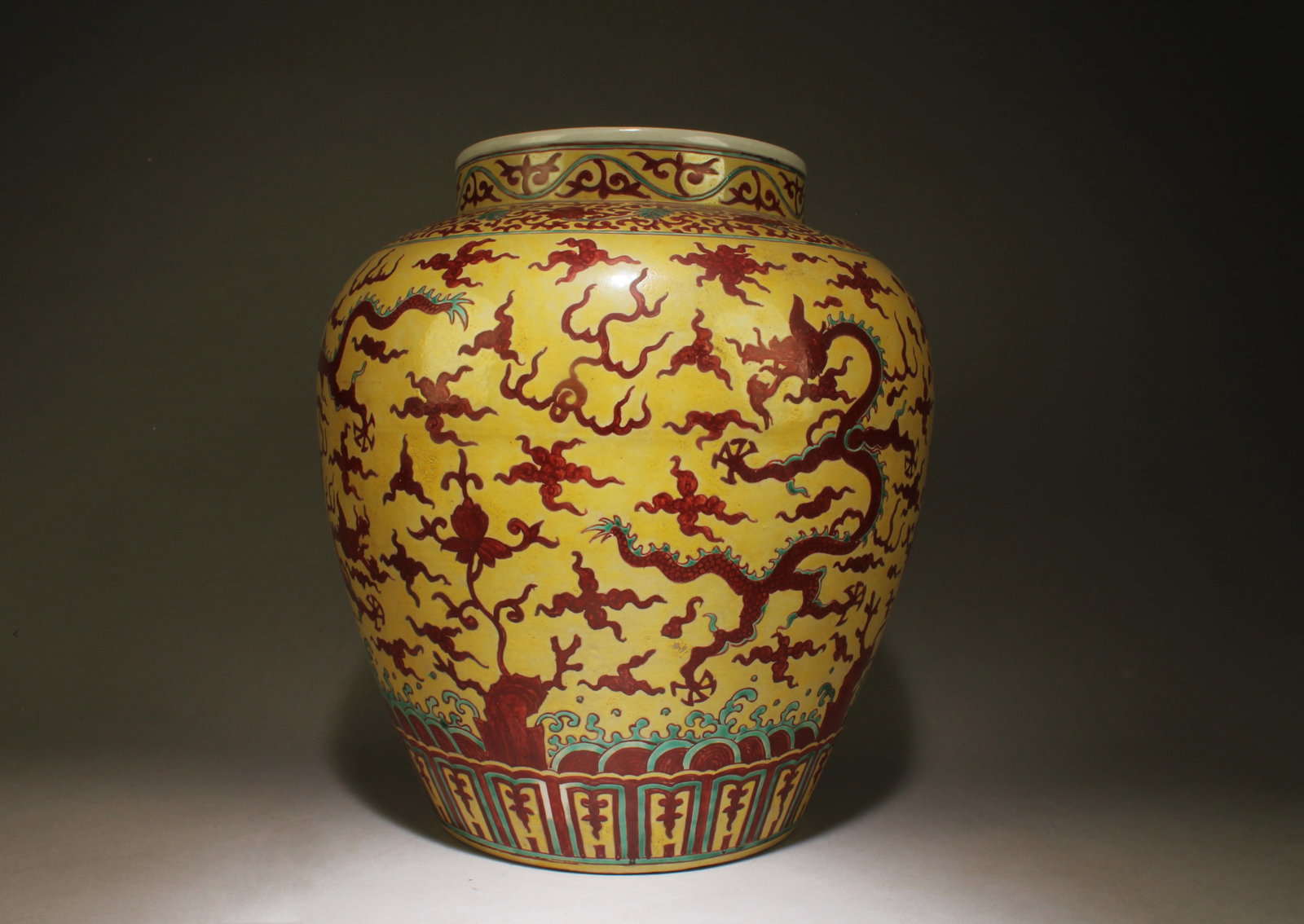 A Chinese Red and Yellow Baluster Jar: A Chinese Red and Yellow Baluster Jar. Dimensions: 14" x 12.75".