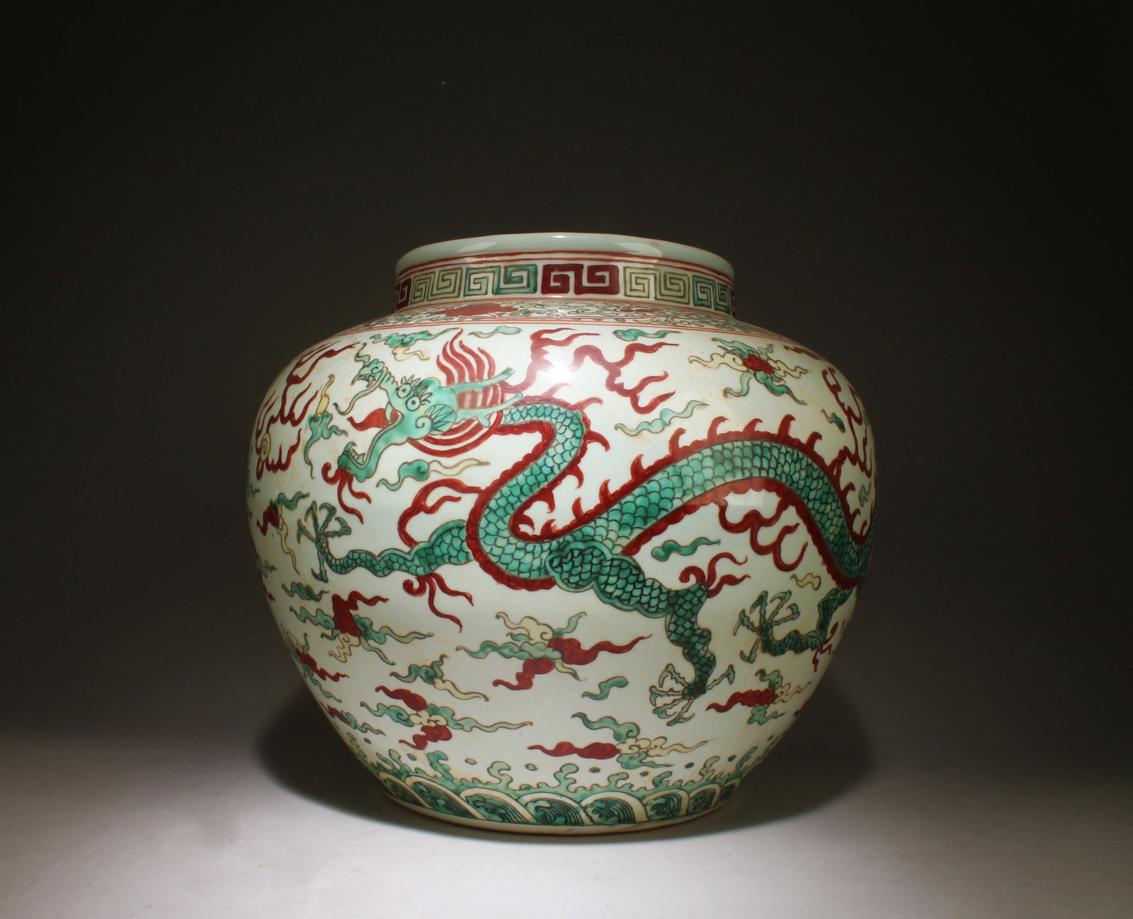A Wucai Porcelain Jar: A Wucai Porcelain Jar. Dimensions: 12.25" x 14.75".