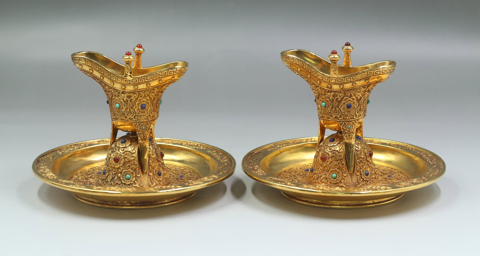 Bronze Gilt Inlay Gem Flower Pattern Wine Cup Set: Bronze Gilt Inlay Gem Flower Pattern Wine Cup Set. Dimensions: 4.75" x 7".