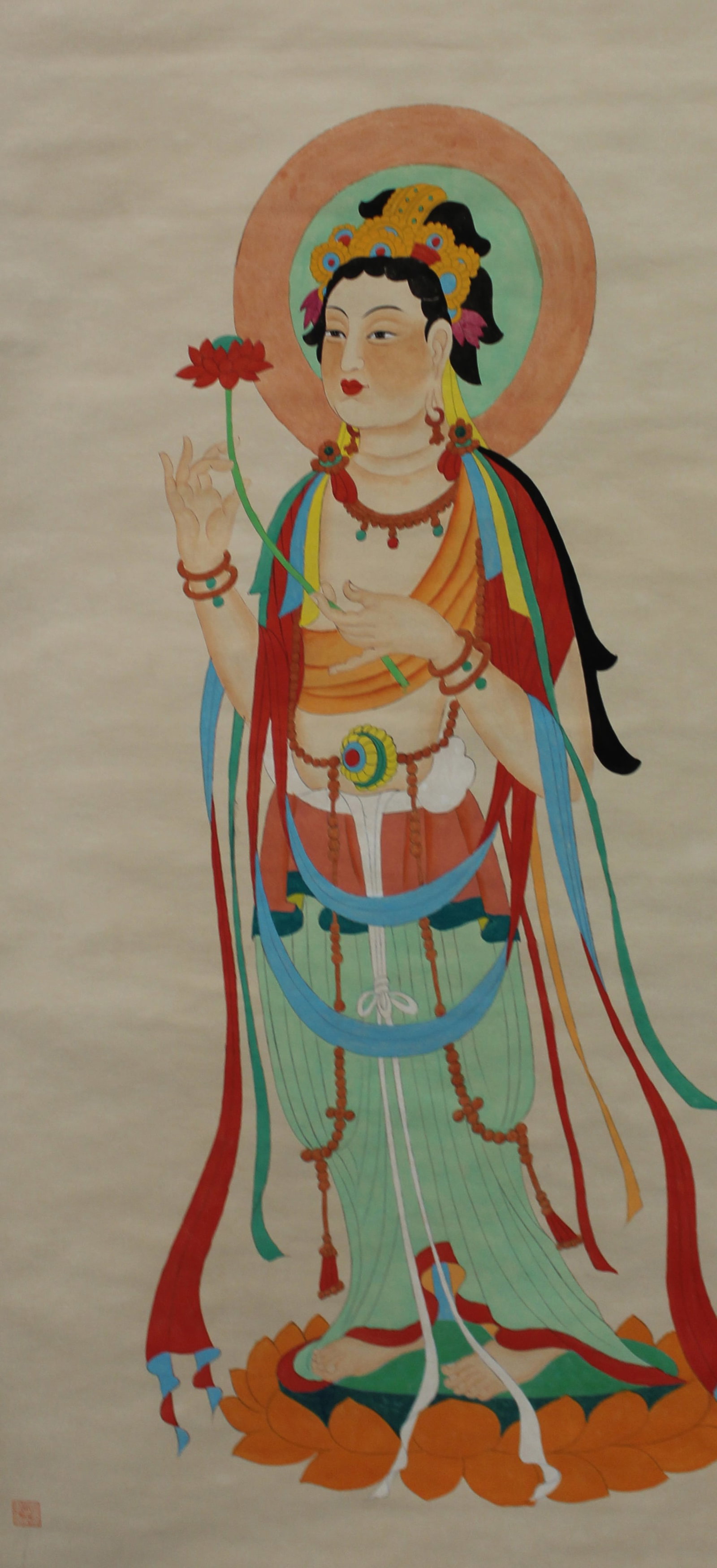 Chinese Hanging Scroll Painting: Ink and color on paper, depicting the portrait of GuanYin, signed with seal attributed to Zhang Da Qian. Length: 35.5" Height: 67"