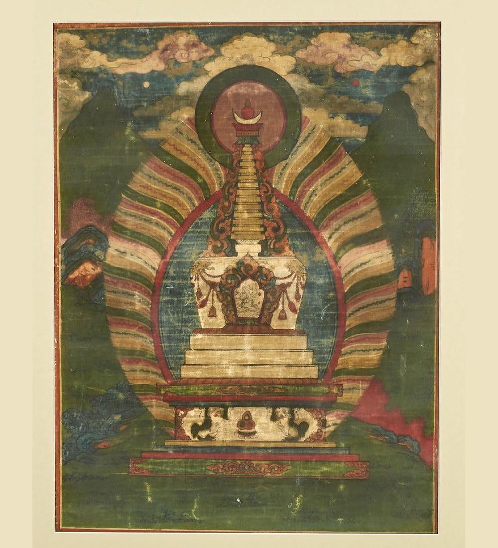 A Framed Antique Thangka: Antique painted thangka; depicting a pagoda within a mandorla; Provenance: Estate of Frederick L. Simmons; 16" x 12" (sight, approx.); matted and framed
