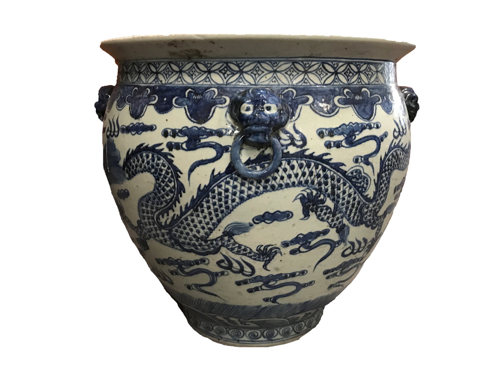A Large Chinese Porcelain Fish Tank: Large Chinese Porcelain Fish Tank with Dragon Pattern. Height: 20"