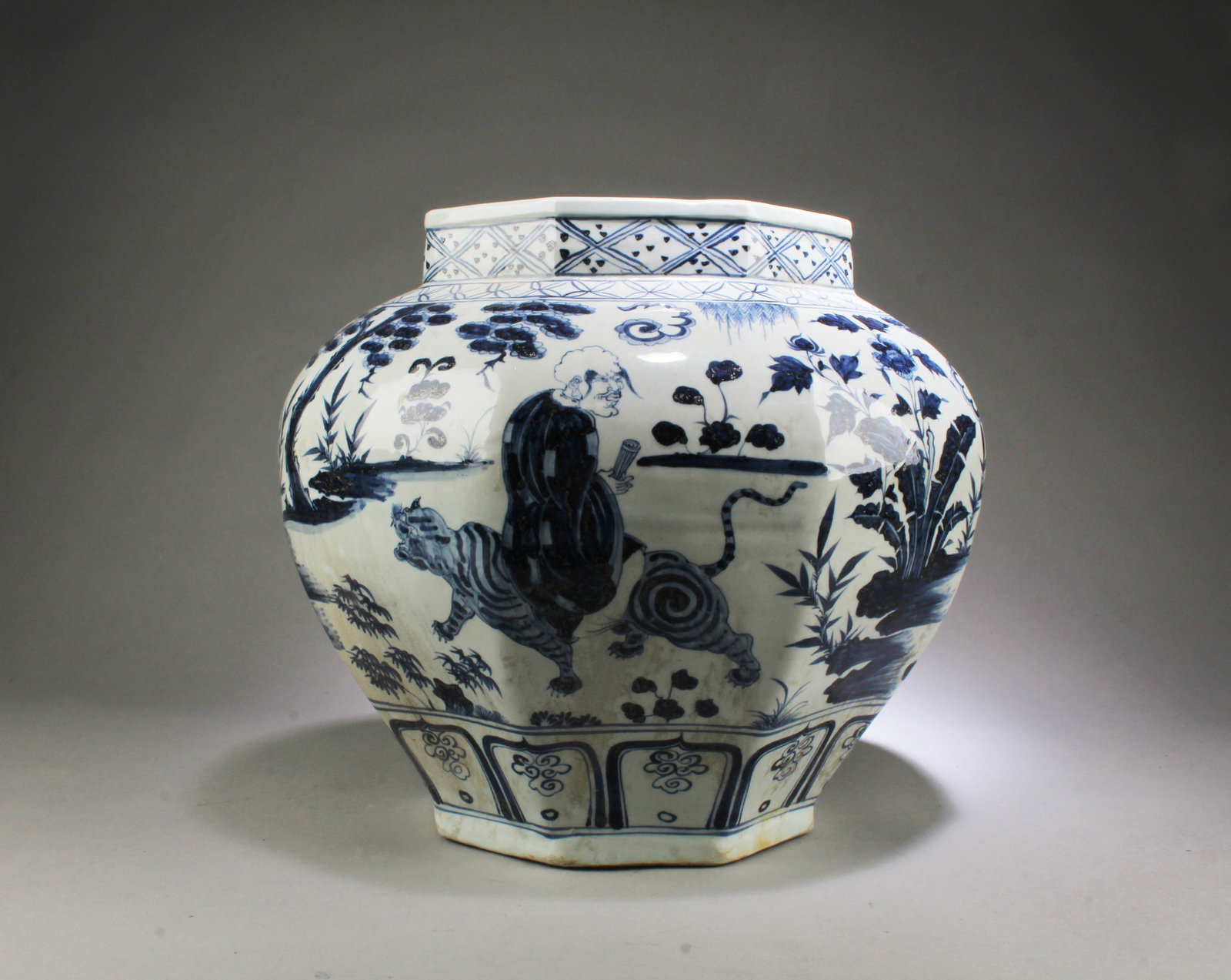 A Blue & White Porcelain Jar: A Blue & White Porcelain Jar. Seal mark at base. Height: 11.5" diameter (body): 13.5"