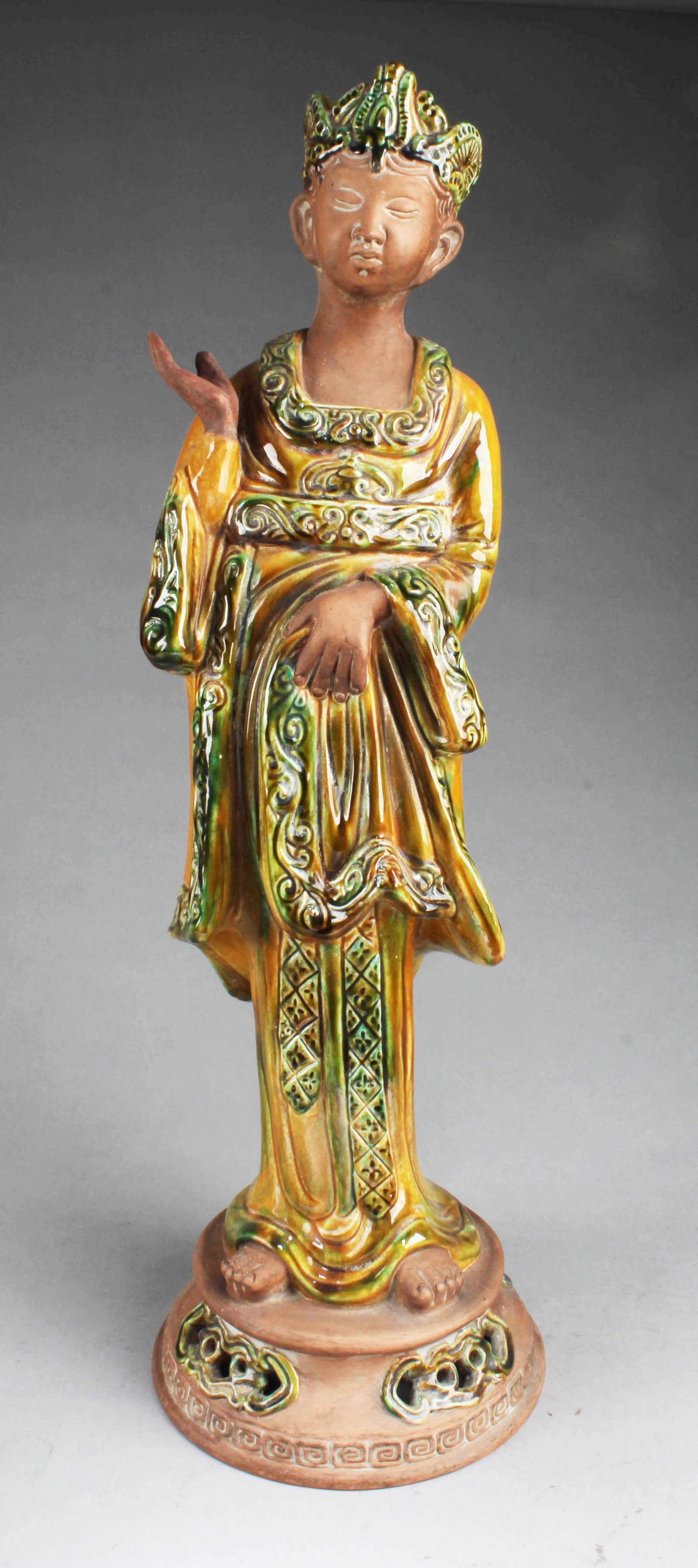 Chinese Pottery SangCai Figurine: Chinese Pottery SangCai Figurine. Height: 27"