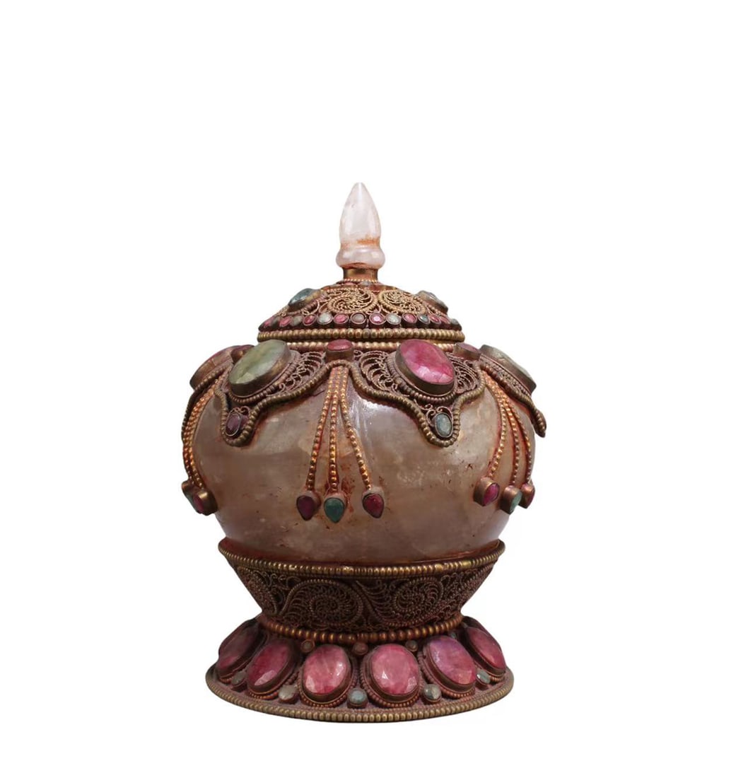 A Crystal Container: A Crystal Container with gilt bronze/silver encasement, ruby, precious stones inlay. Height: 7"