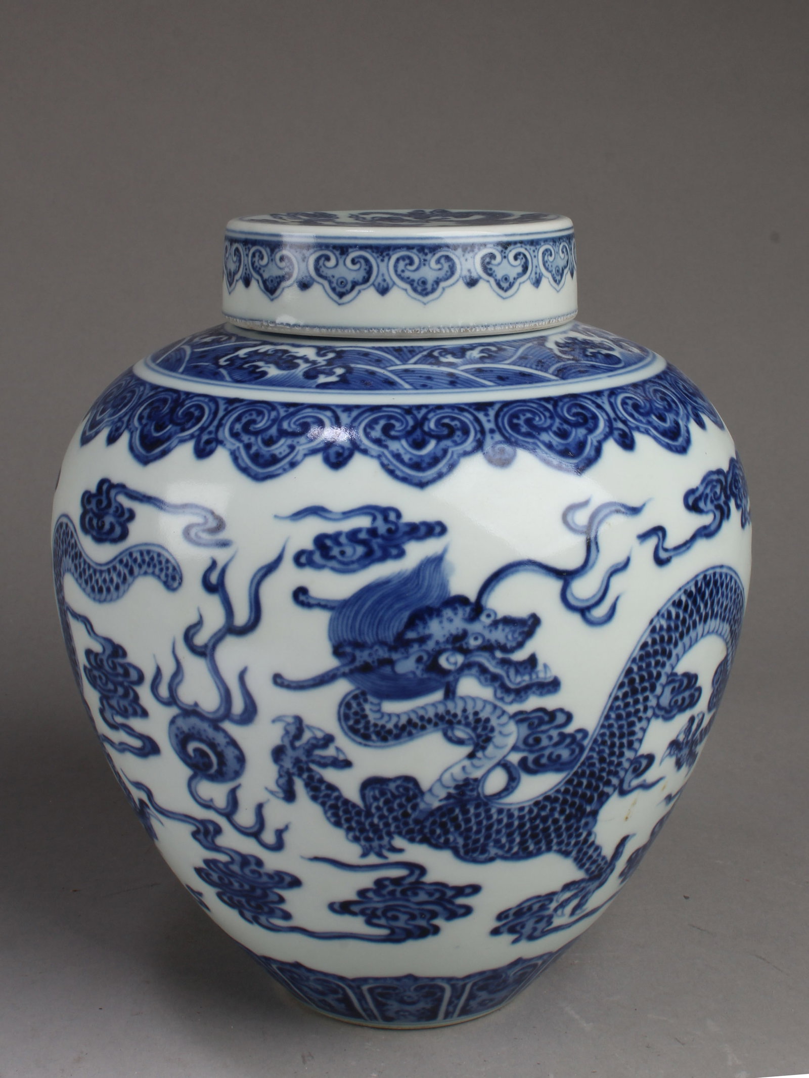 Chinese Blue & White Porcelain Jar: Chinese Blue & White Porcelain Jar with Lid. Height: 9"