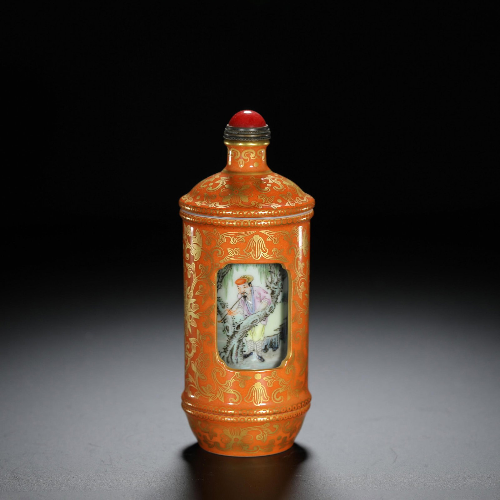 Coral-Ground Revolving Snuff Bottle: Coral-Ground Revolving Snuff Bottle. Diam.1.69" Height:4.29"