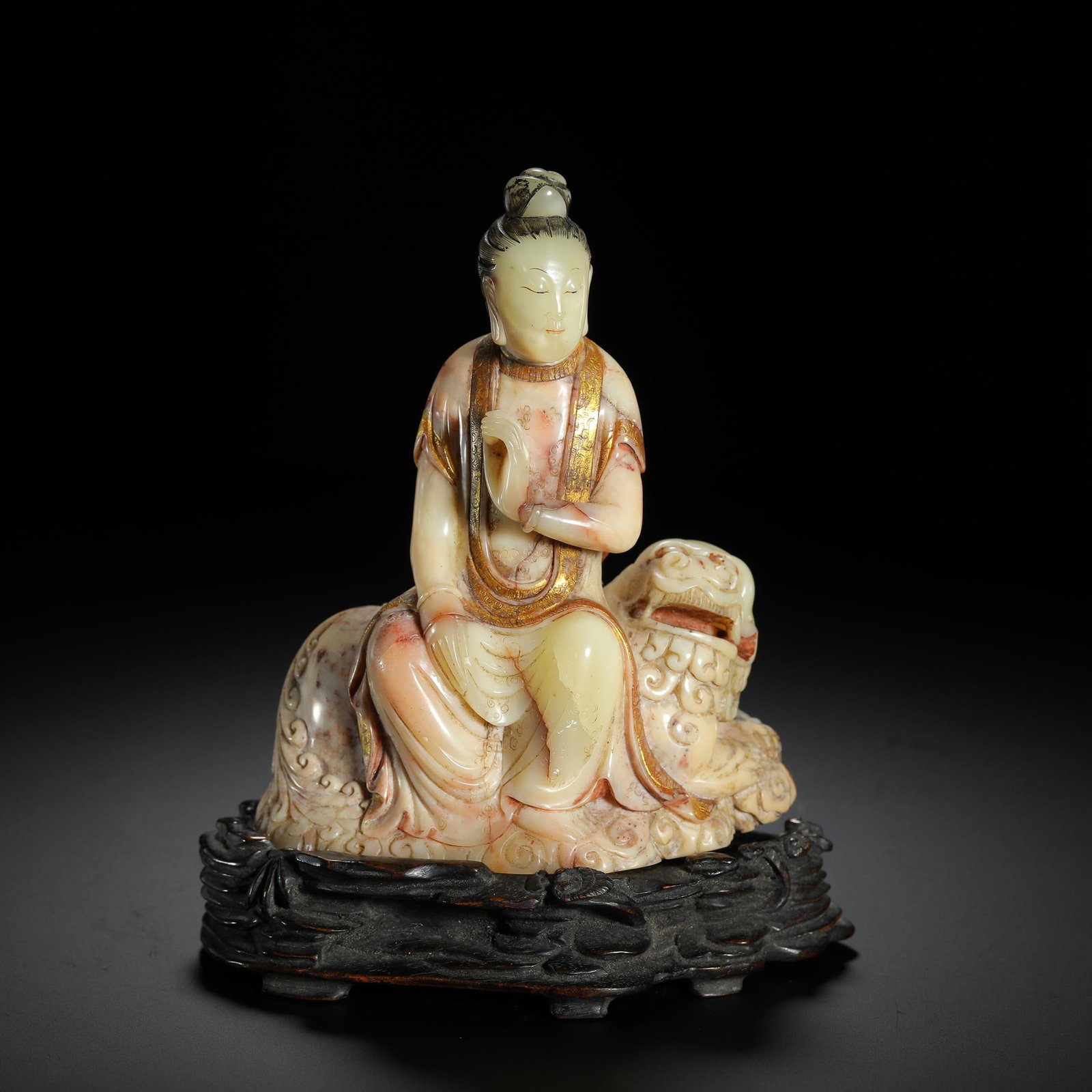 Shoushan Furong Stone Gilt Manjushri Riding Lion Figure: Shoushan Furong Stone Gilt Manjushri Riding Lion Figure. Length:4.02" Width:2.17" Height:5.04"