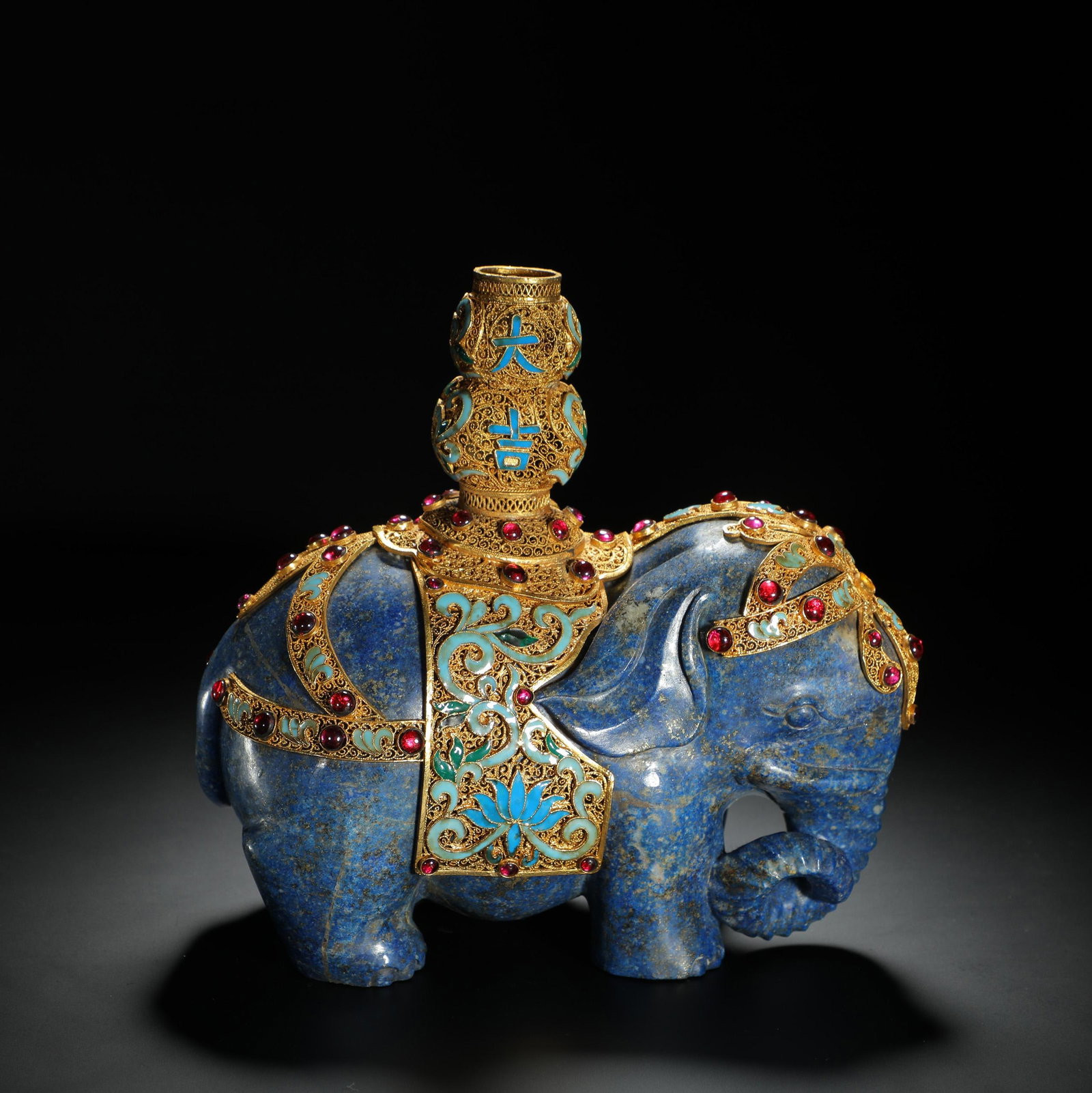 Lapis Lazuli Gem-Inset Elephant of Peace Ornament: Lapis Lazuli Gem-Inset Elephant of Peace Ornament. Length:6.77" Width:3.54" Height:7.40"