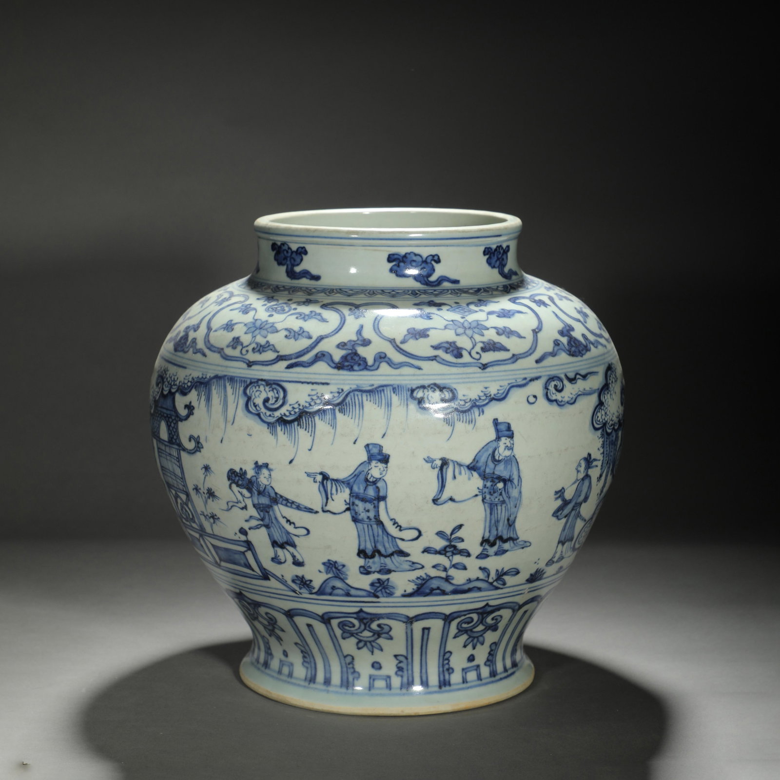 Blue and White Figural Jar: Blue and White Figural Jar. Diam.12.20" Height:12.01"