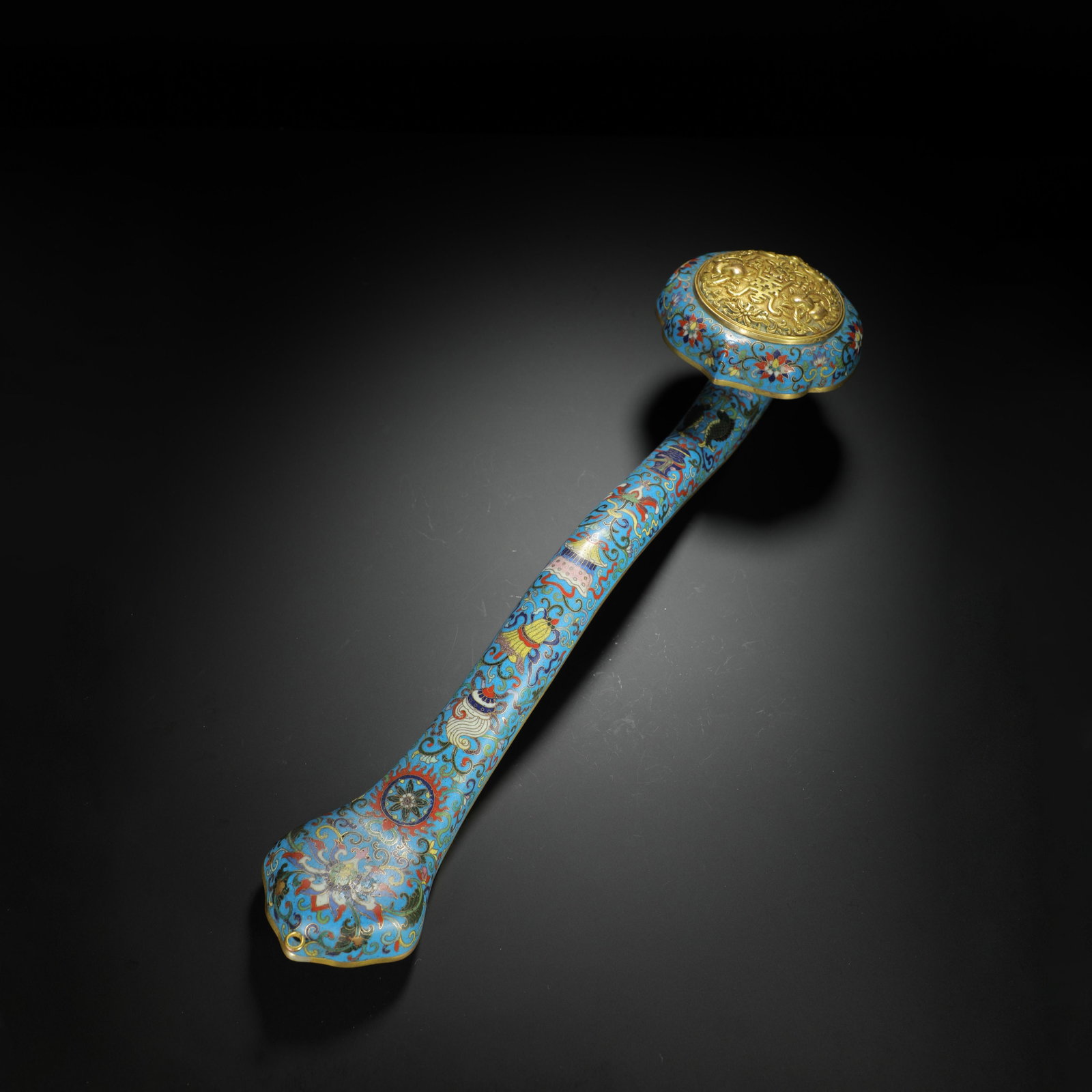 Gilt-Bronze Cloisonn? Enamel Eight Buddhist Emblems Gilt Ruyi Scepter: Gilt-Bronze Cloisonné Enamel Eight Buddhist Emblems Gilt Ruyi Scepter. Length:17.13" Width:4.25" Height:3.86"