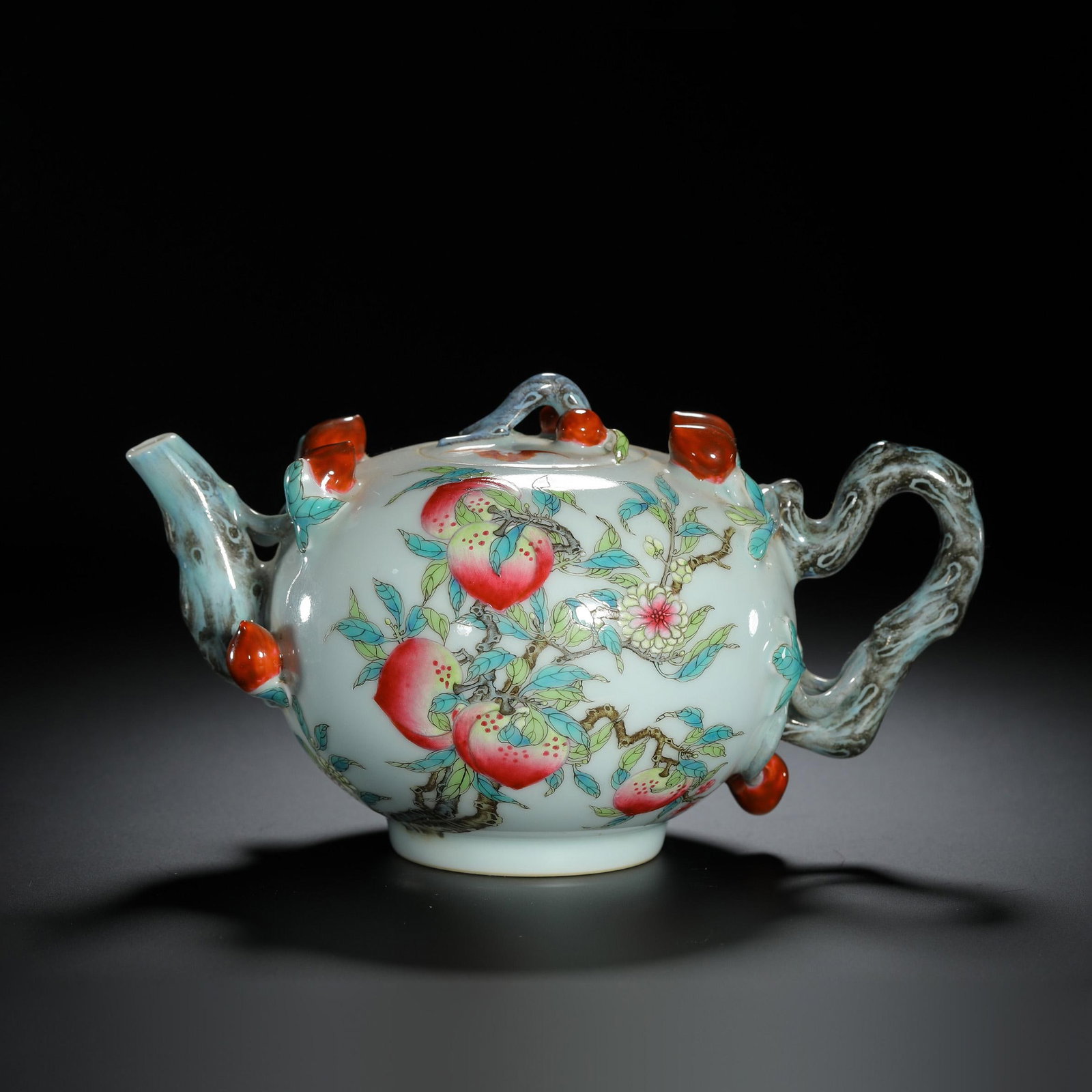 Famille-Rose Peach Teapot: Famille-Rose Peach Teapot. Length:7.09" Width:4.45" Height:3.94"