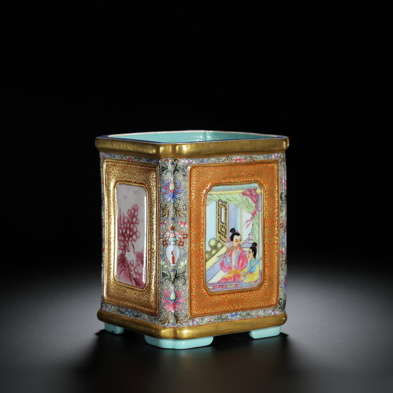 Famille-Rose Gilt Figural Landscape Brushpot: Famille-Rose Gilt Figural Landscape Brushpot. Length:4.13" Width:4.13" Height:5.24"