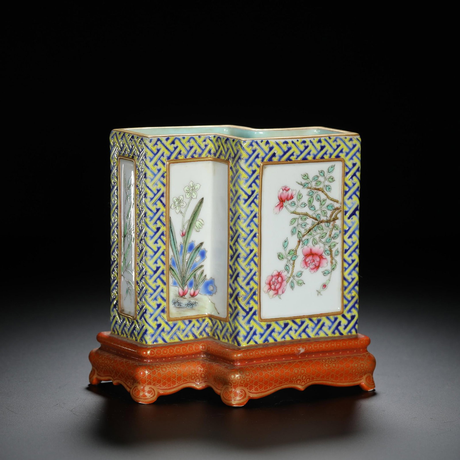 Famille-Rose Floral Double Brushpot: Famille-Rose Floral Double Brushpot. Length:4.72" Width:3.15" Height:4.33"
