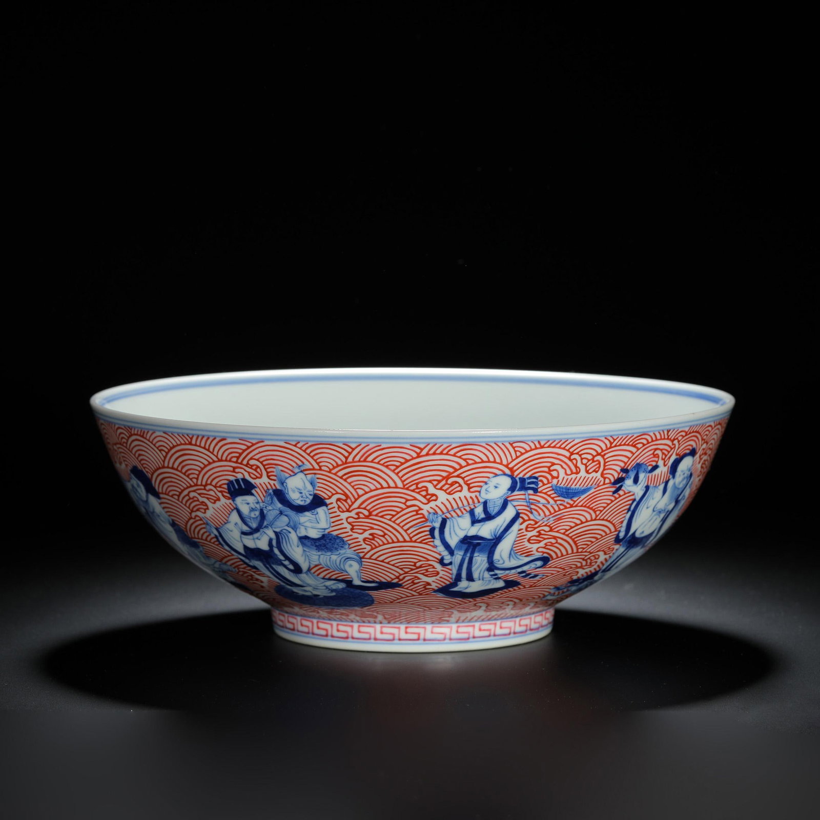 Iron-Red and Blue and White Eight Immortals Bowl: Iron-Red and Blue and White Eight Immortals Bowl. Diam.8.86" Height:3.23"