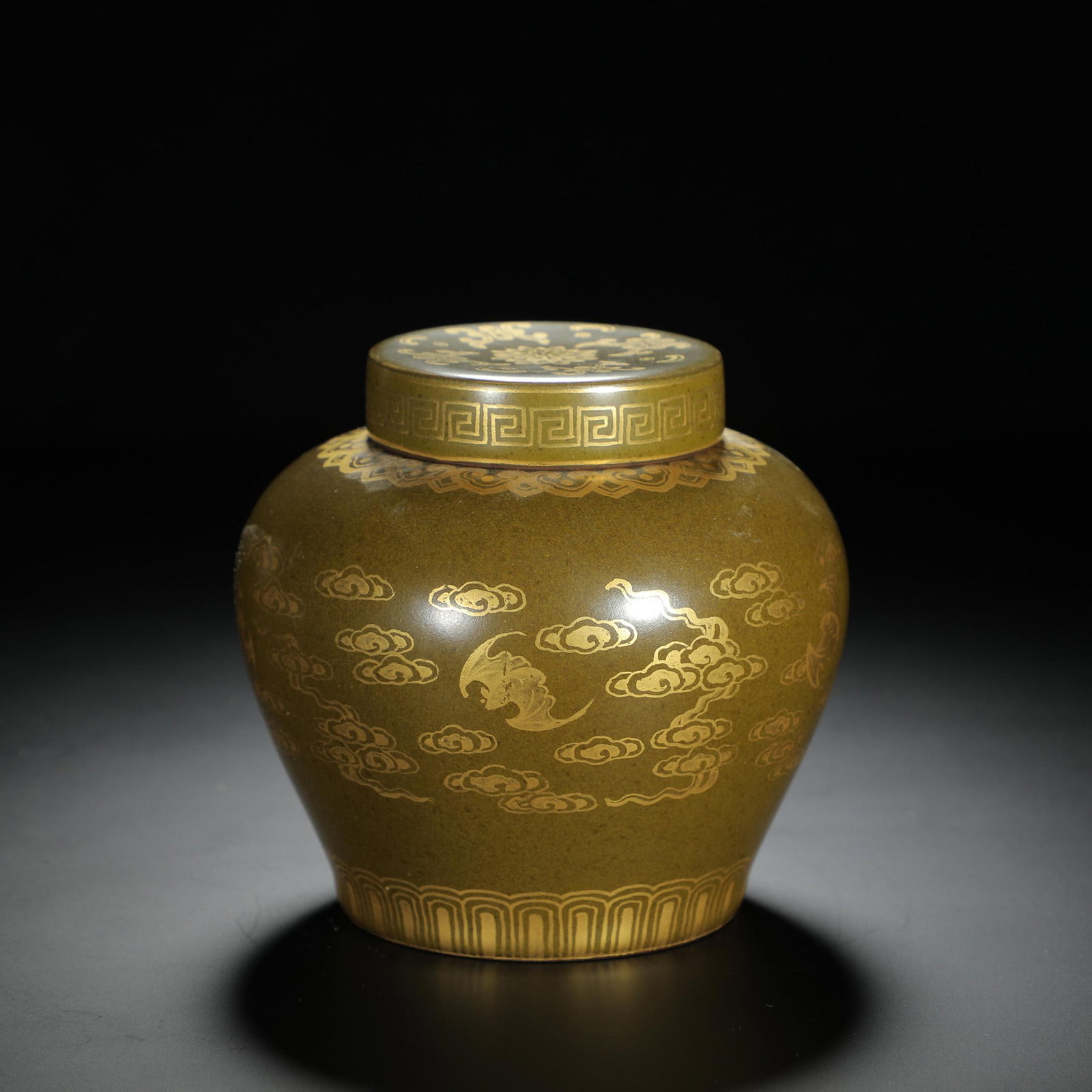 Tea-Dust Glazed Cloud and Fortune Jar: Tea-Dust Glazed Cloud and Fortune Jar. Diam.4.33" Height:4.06"