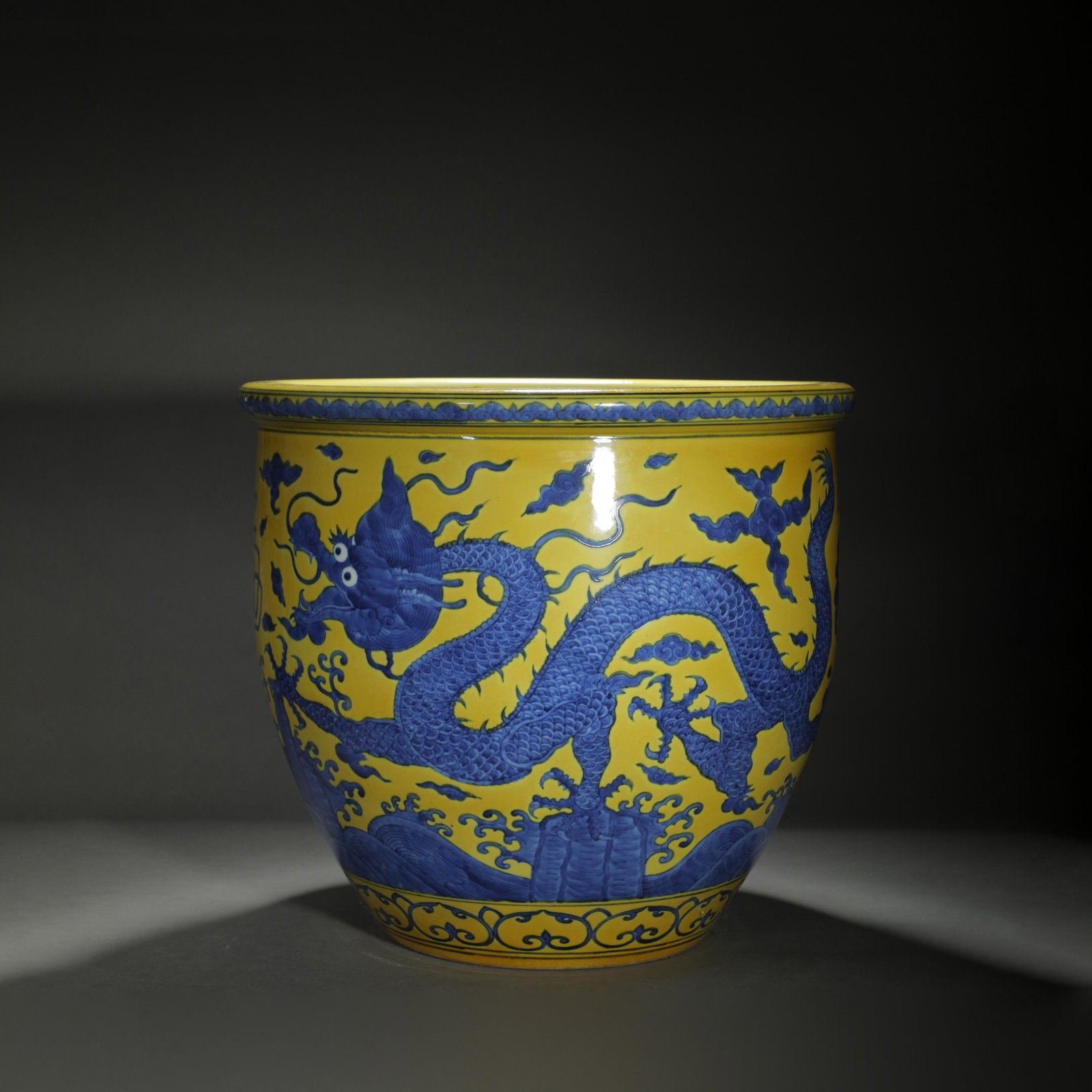 Yellow-Ground Blue and White Dragon Scroll Jar: Yellow-Ground Blue and White Dragon Scroll Jar. Diam.17.32" Height:15.75"