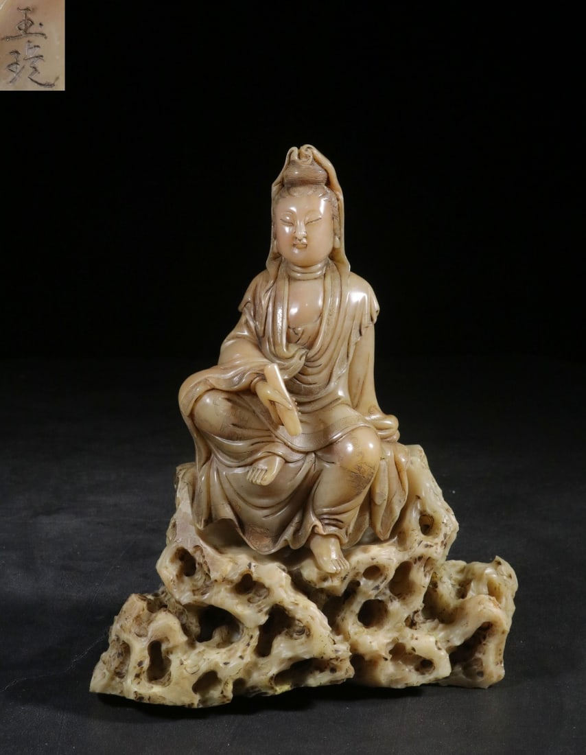 A Shoushan Stone Guanyin Statue: A Shoushan Stone Guanyin Statue. Height: 8.66"; Length: 7.09"; Width: 3.39". Weight: 4.40lbs.