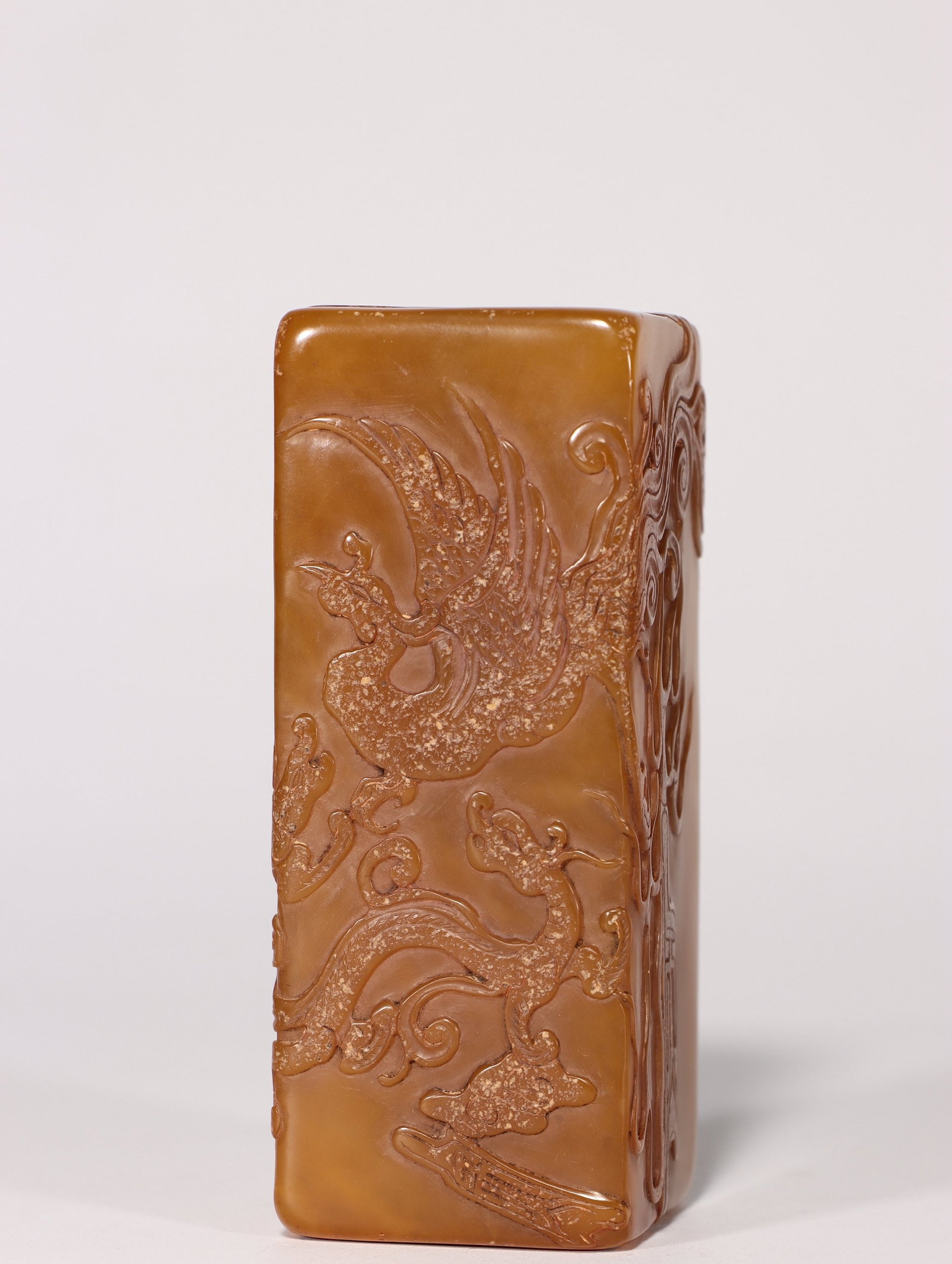 A Shoushan Stone Seal: A Shoushan Stone Seal. Height: 3.07"; Length: 1.22"; Width: 1.22". Weight: 0.44lbs.