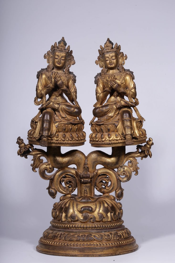 A Gilt Bronze Double?Bodhisattva Statue: A Gilt Bronze Double?Bodhisattva Statue. Height: 15.55"; Length: 10.24"; Width: 7.28". Weight: 32.63lbs.