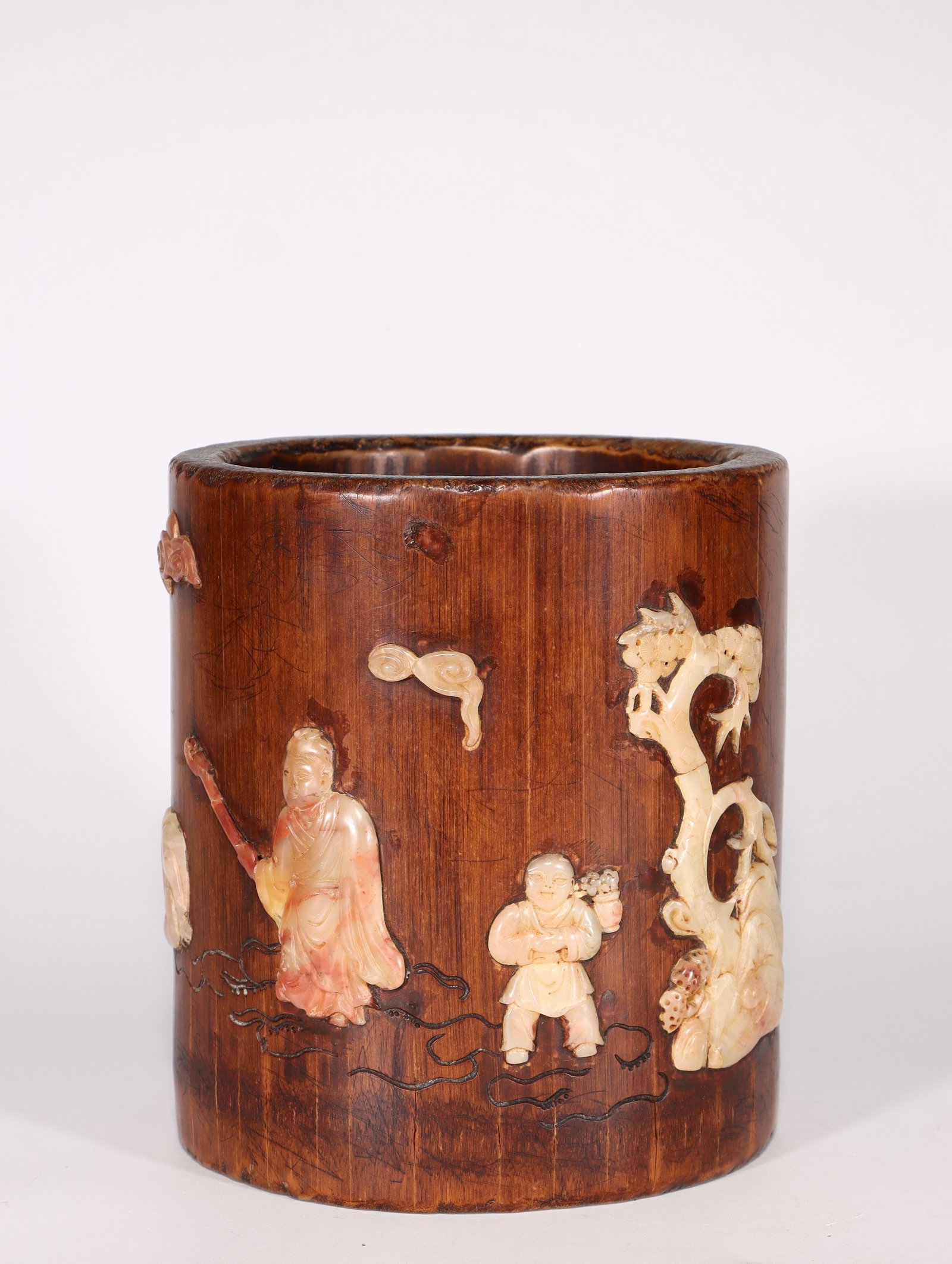 A Bamboo and Shoushan Stone Brushpot: A Bamboo and Shoushan Stone Brushpot. Height: 6.89"; Diameter: 5.91". Weight: 1.86lbs.
