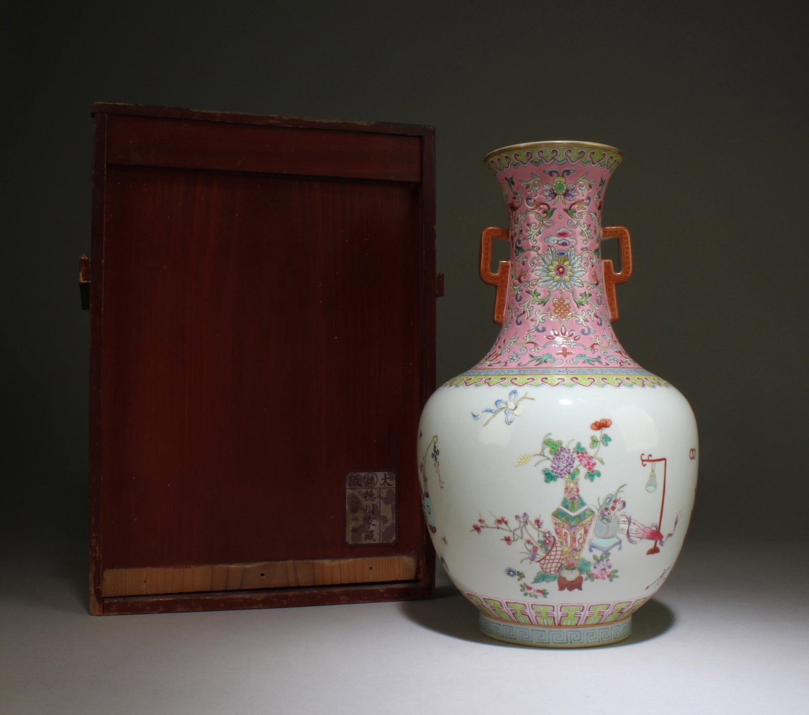 A Fencai Vase: A Fencai Vase. "DaoGuang" mark at base. Dimensions: 11.5" x 6.25". Formerly collected by the noble Tokugawa family in the Kansai region of Japan. These goods were first hidden in a temple called