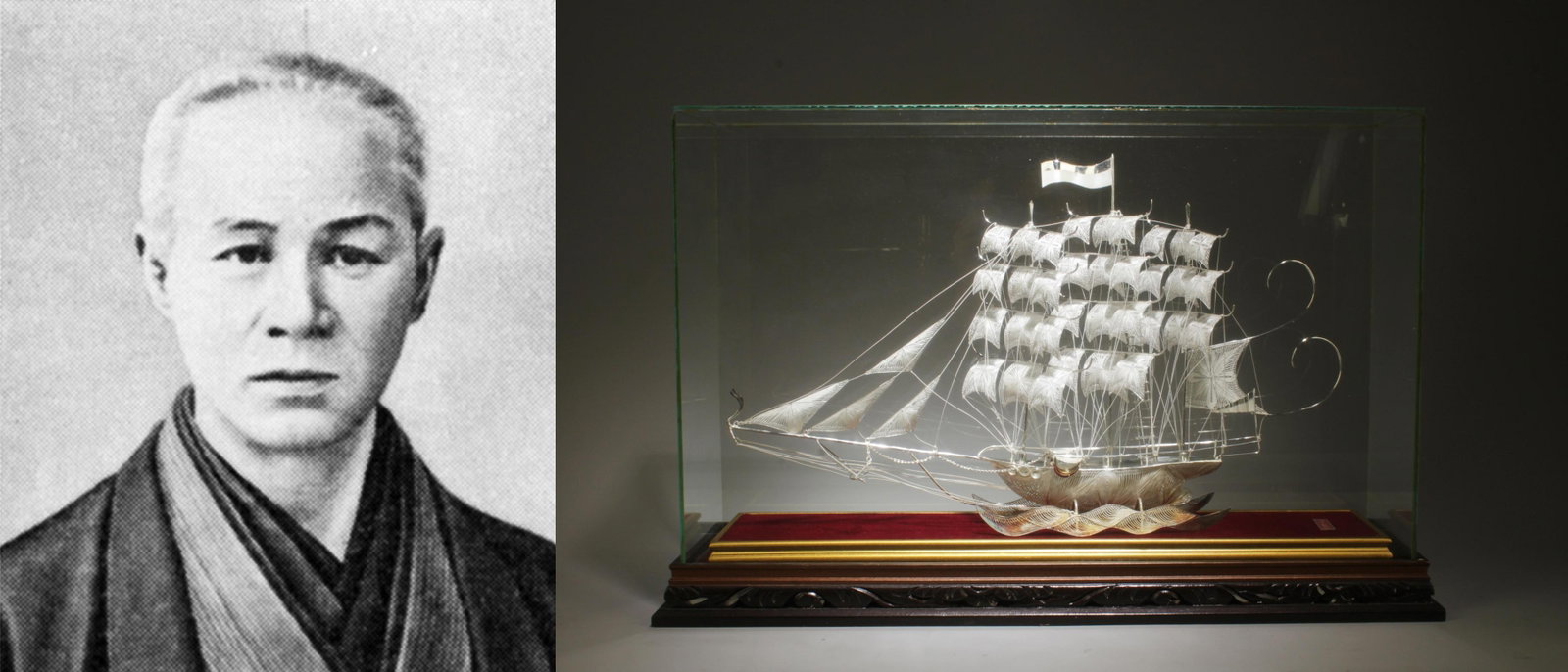 A Silver Boat in Glass Case Ornament: A Silver Boat in Glass Case Ornament. Dimension: 19.75" x 6.5" x 12.75".