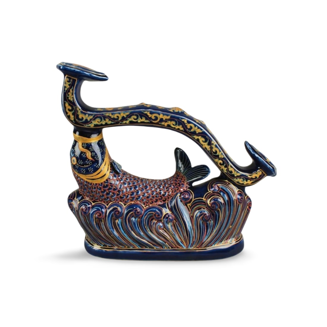 Chinese Blue Color Porcelain Ornament: Chinese Blue Color Porcelain Ornament. 'XuanDe' mark on body. Height: 11" Length: 12"