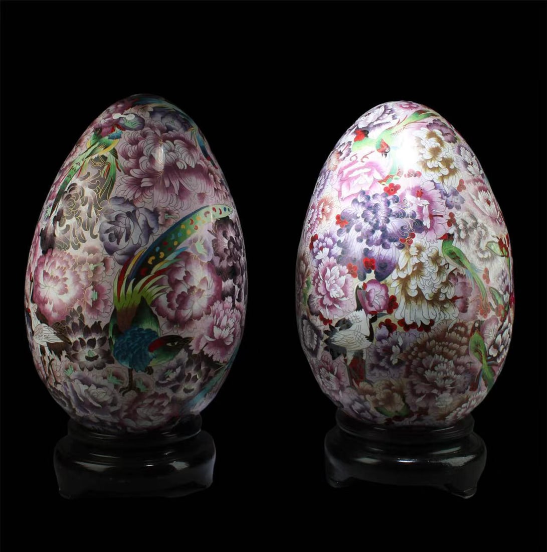 Two Egg-Shaped Cloisonne Ornaments: Two Egg-Shaped Cloisonne Ornaments. Each comes with a wooden base. Height: 19" (without stand) Height: 23" (with stand)
