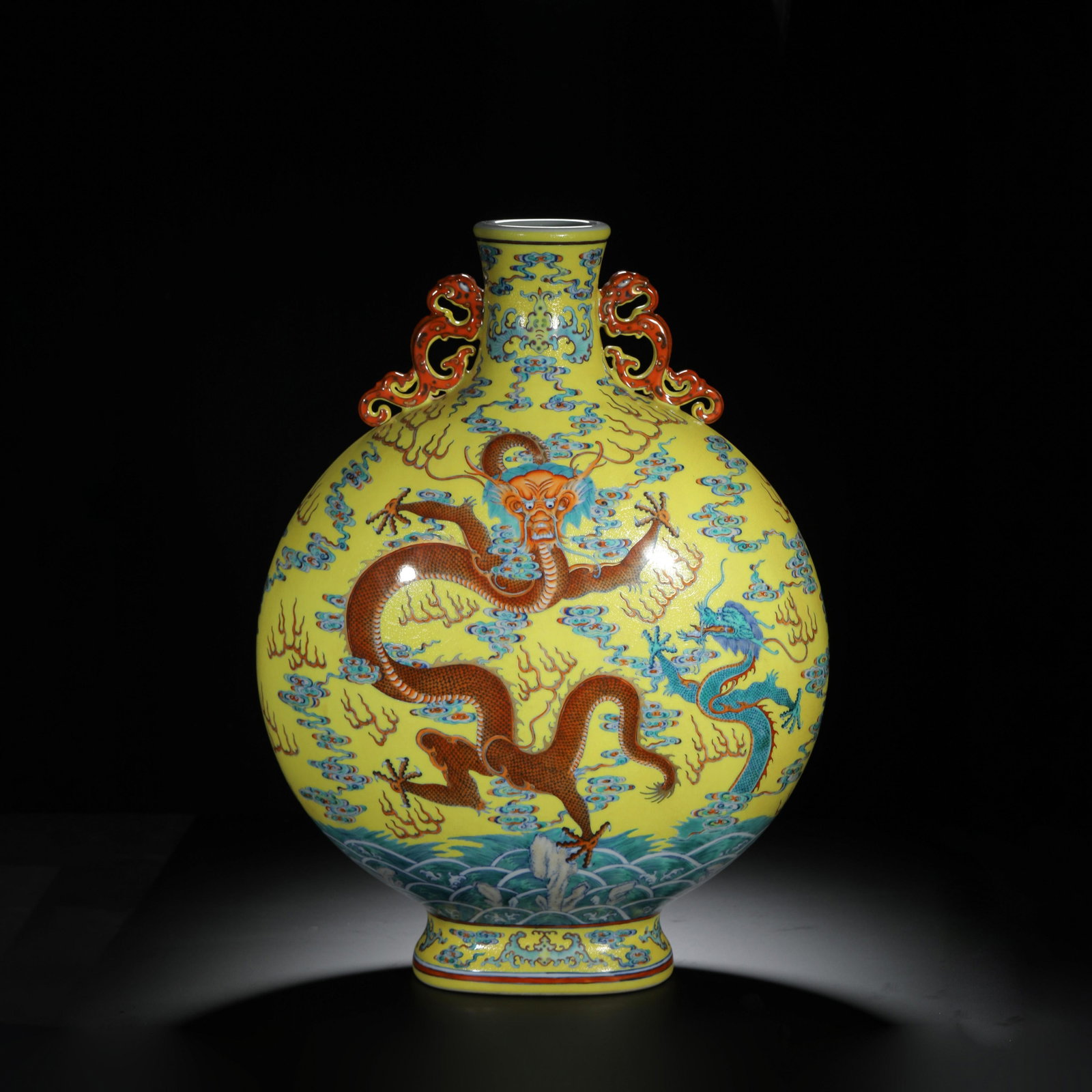 Yellow-Ground Doucai Dragon Moonflask: Yellow-Ground Doucai Dragon Moonflask. Length: 15.35" Width: 20.08"