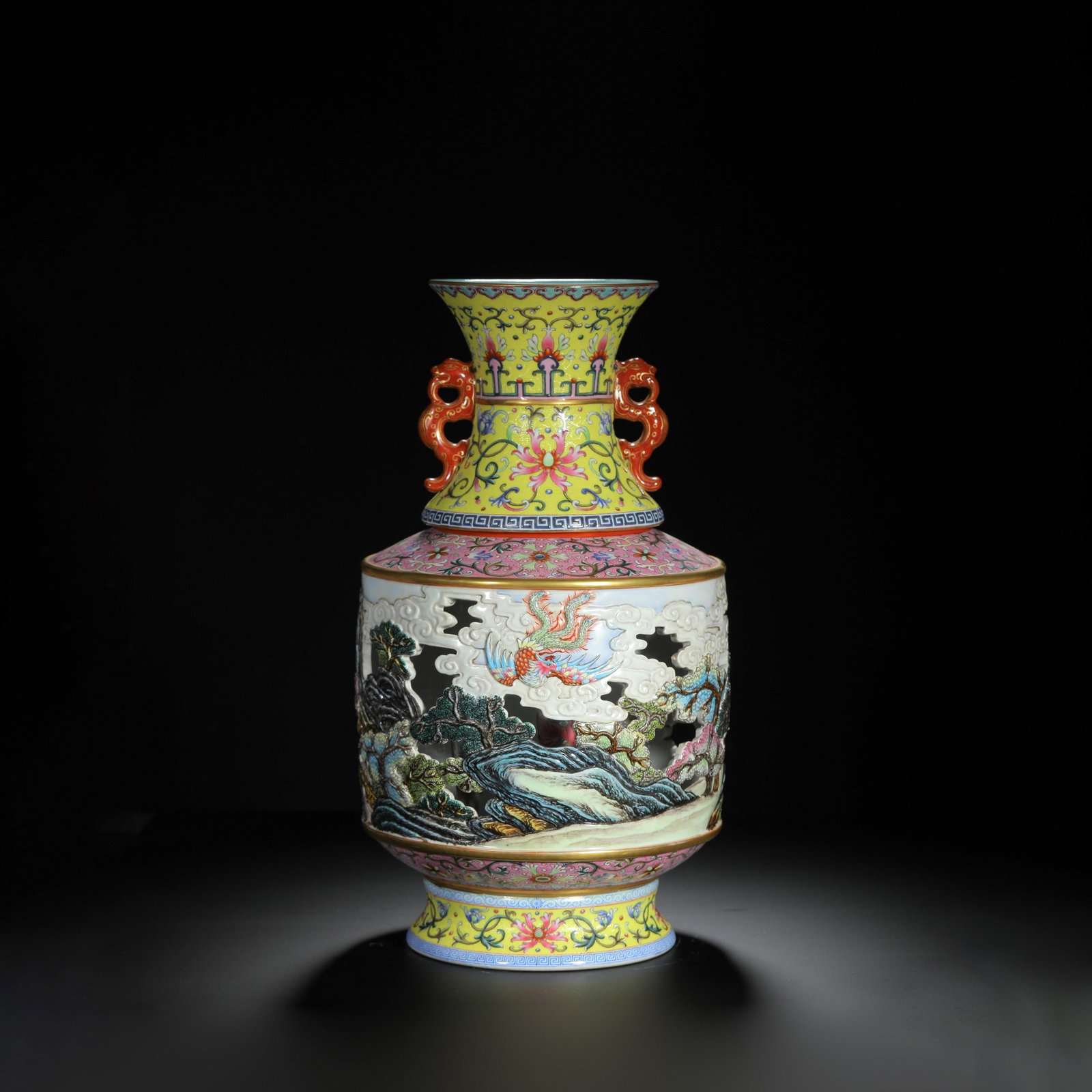 Famille-Rose Openwork Phoenix Revolving Vase: Famille-Rose Openwork Phoenix Revolving Vase. Diam: 8.27" Height: 14.96"