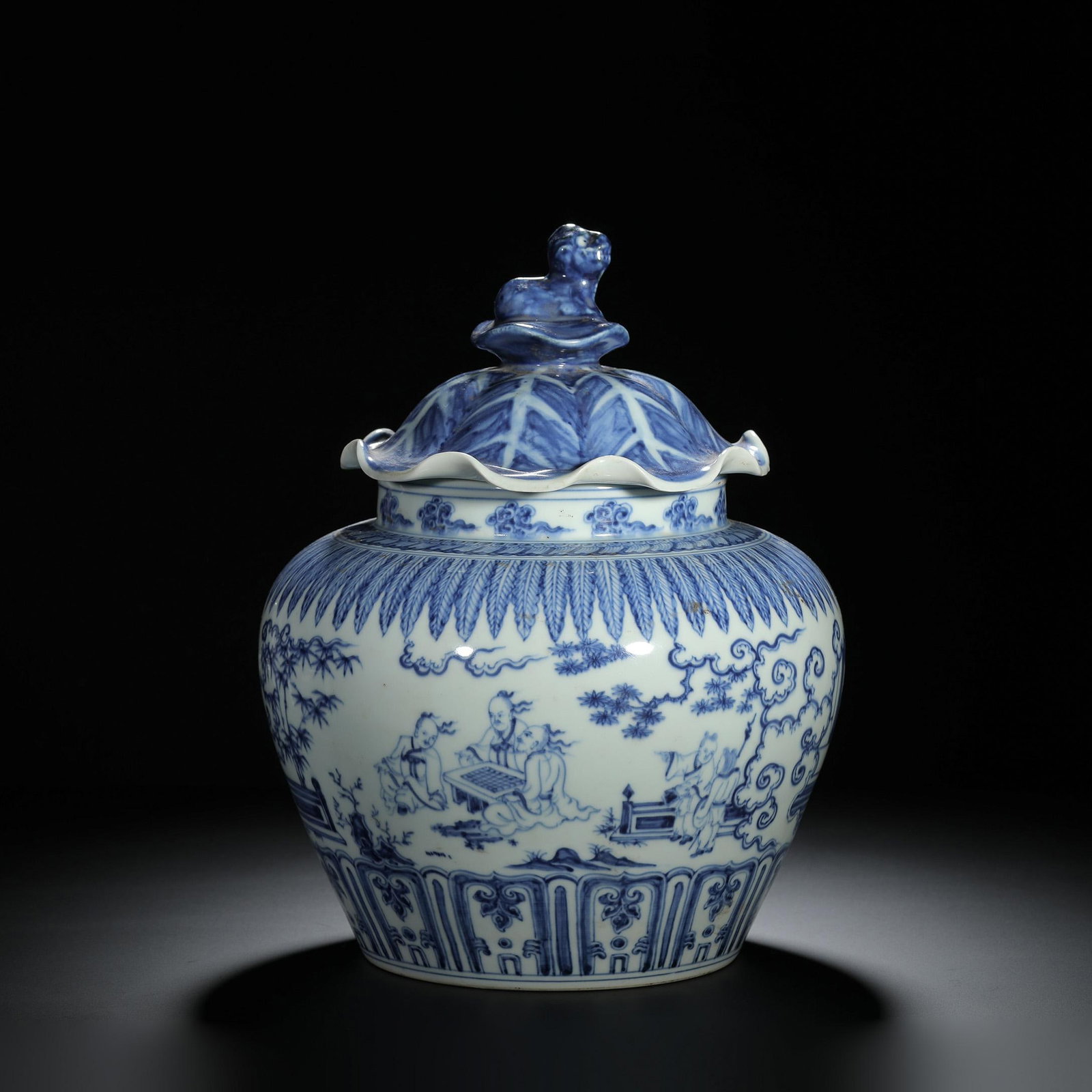 Blue and White Figural Jar: Blue and White Figural Jar. Diam: 11.81" Height: 8.27"