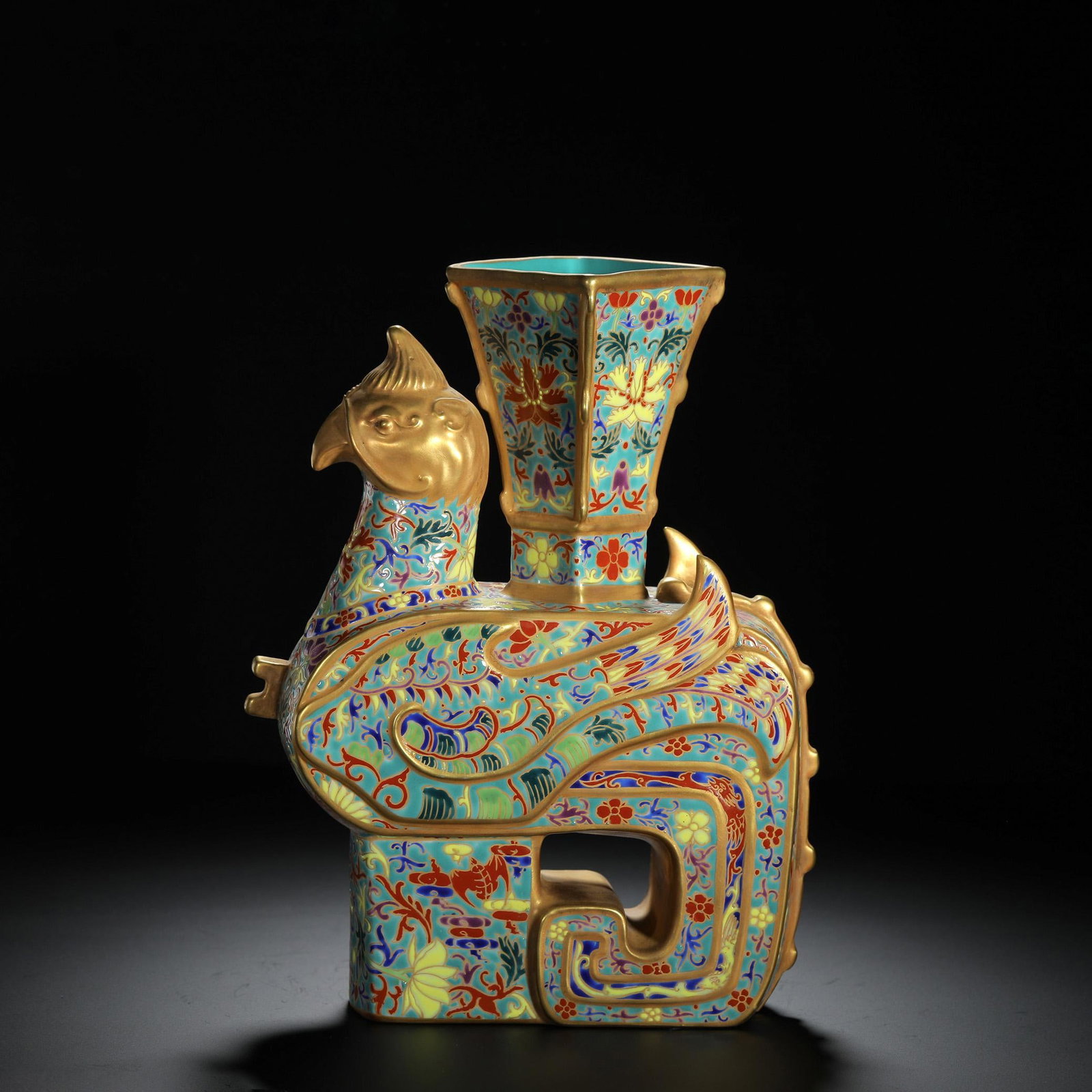 Turquoise-Glazed Gilt Heavenly Rooster Zun: Turquoise-Glazed Gilt Heavenly Rooster Zun. Length: 6.69" Width: 2.17" Height: 9.25"