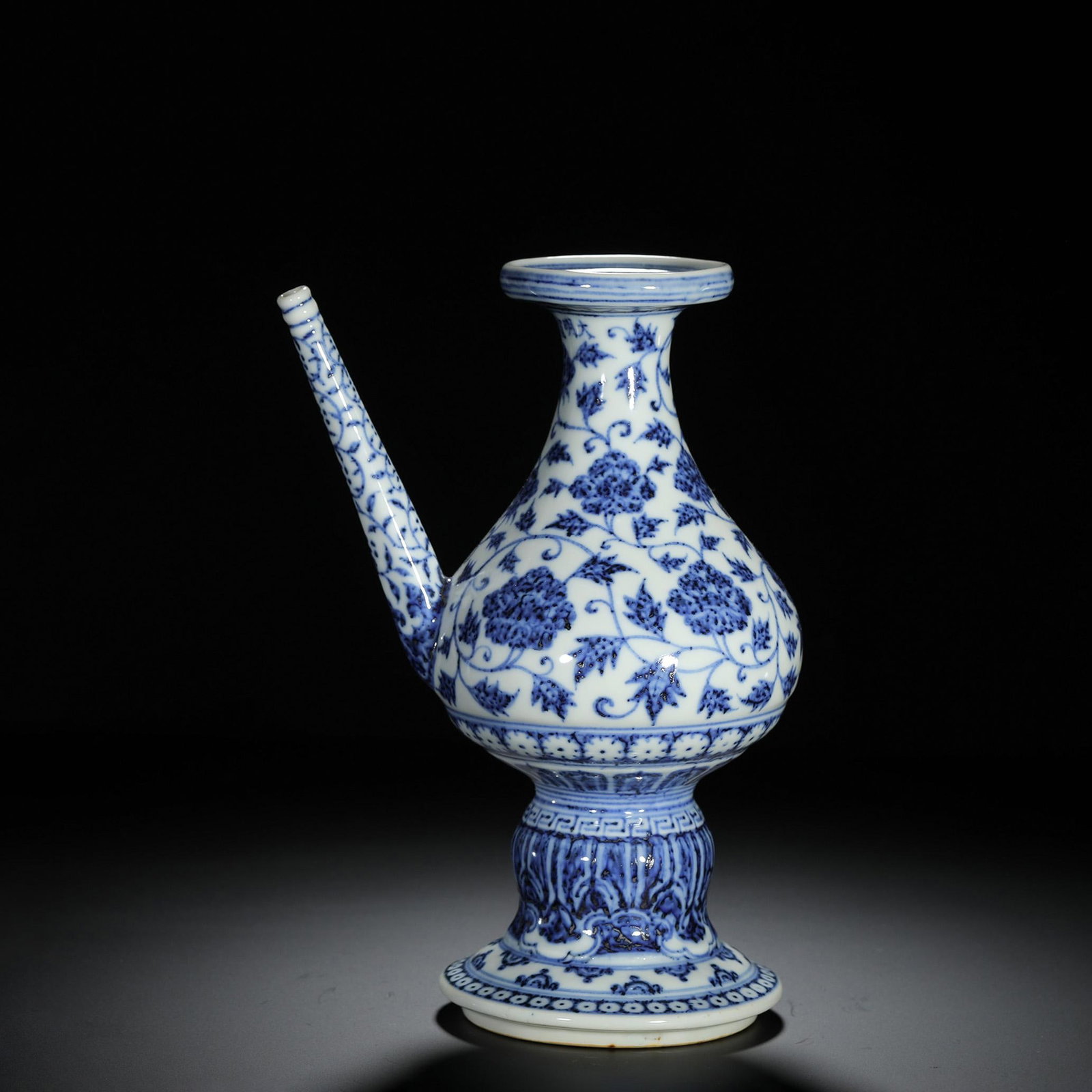 Blue and White Interlocking Floral Kundi: Blue and White Interlocking Floral Kundi. Length: 5.91" Width: 3.94" Height: 8.66"