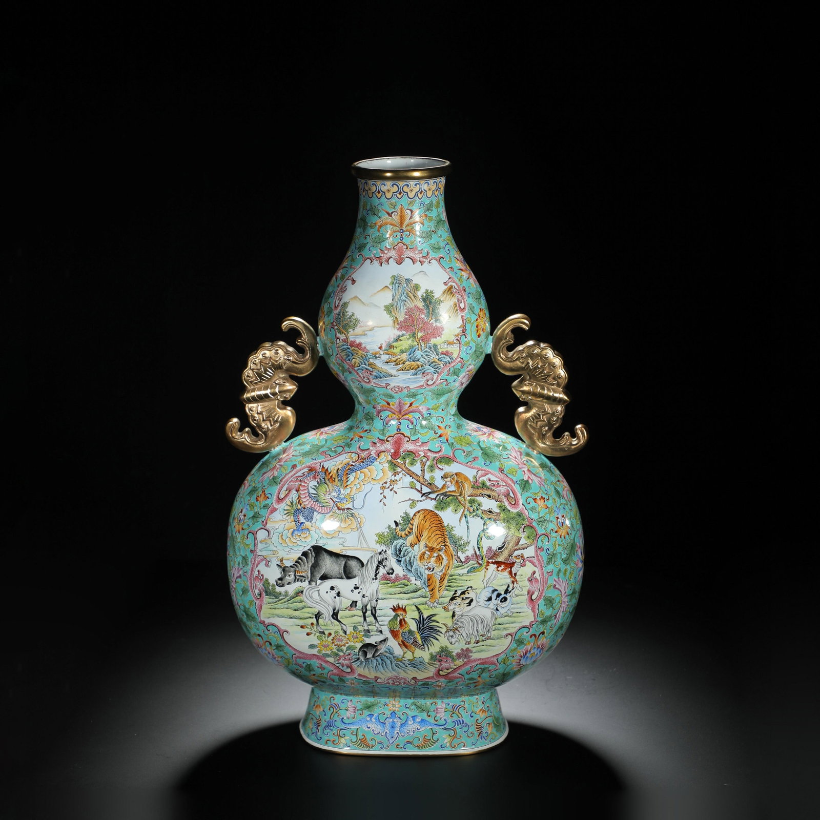 Painted Enamel Twelve Zodiac Animals Double-Gourd Vase: Painted Enamel Twelve Zodiac Animals Double-Gourd Vase. Length: 11.42" Height: 18.50"