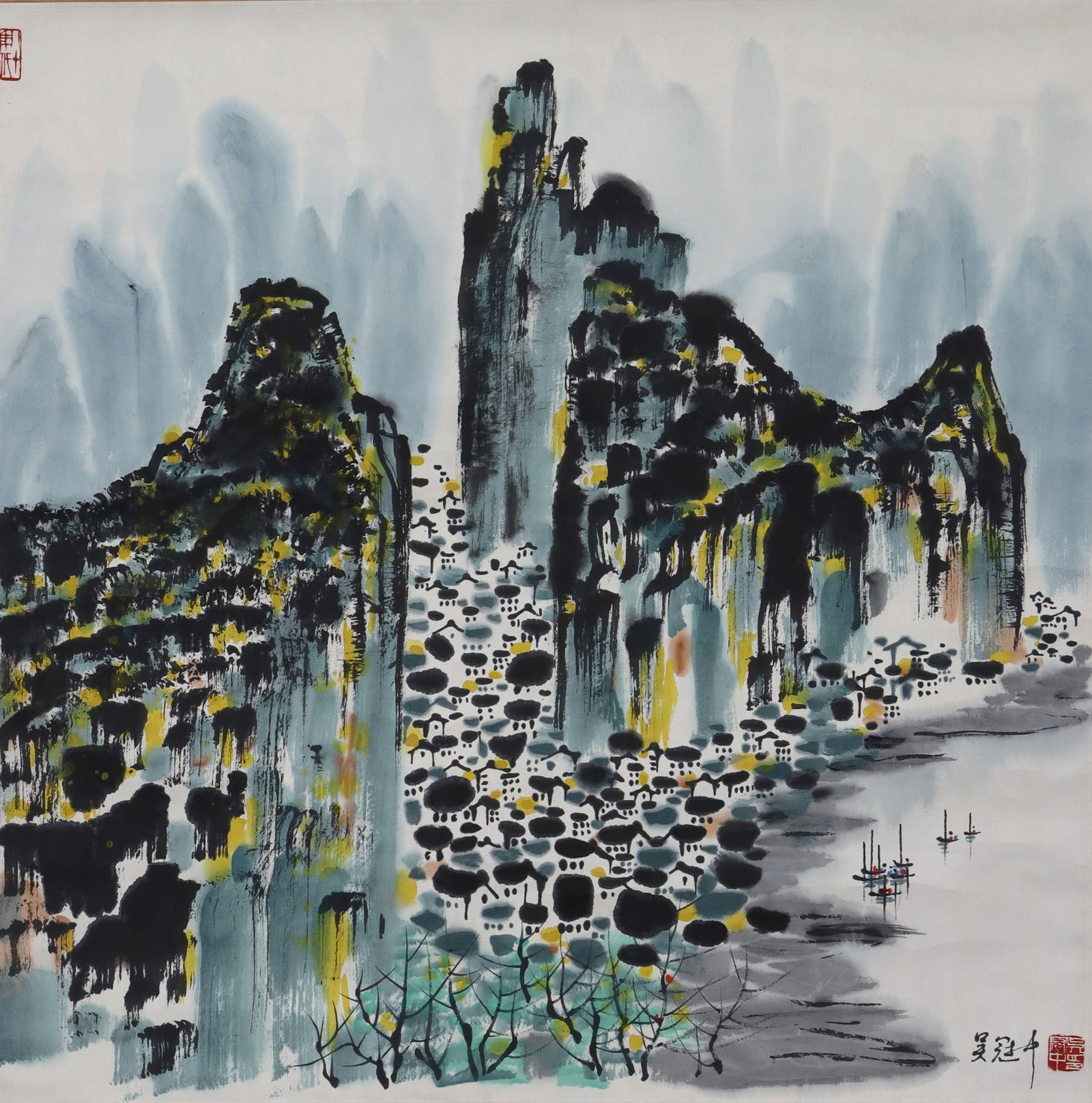 Chinese Drawing Landscape Painting, Wu Guanzhong Mark: Chinese Drawing Landscape Painting, Wu Guanzhong Mark. Height: 26.77" Width: 26.38"