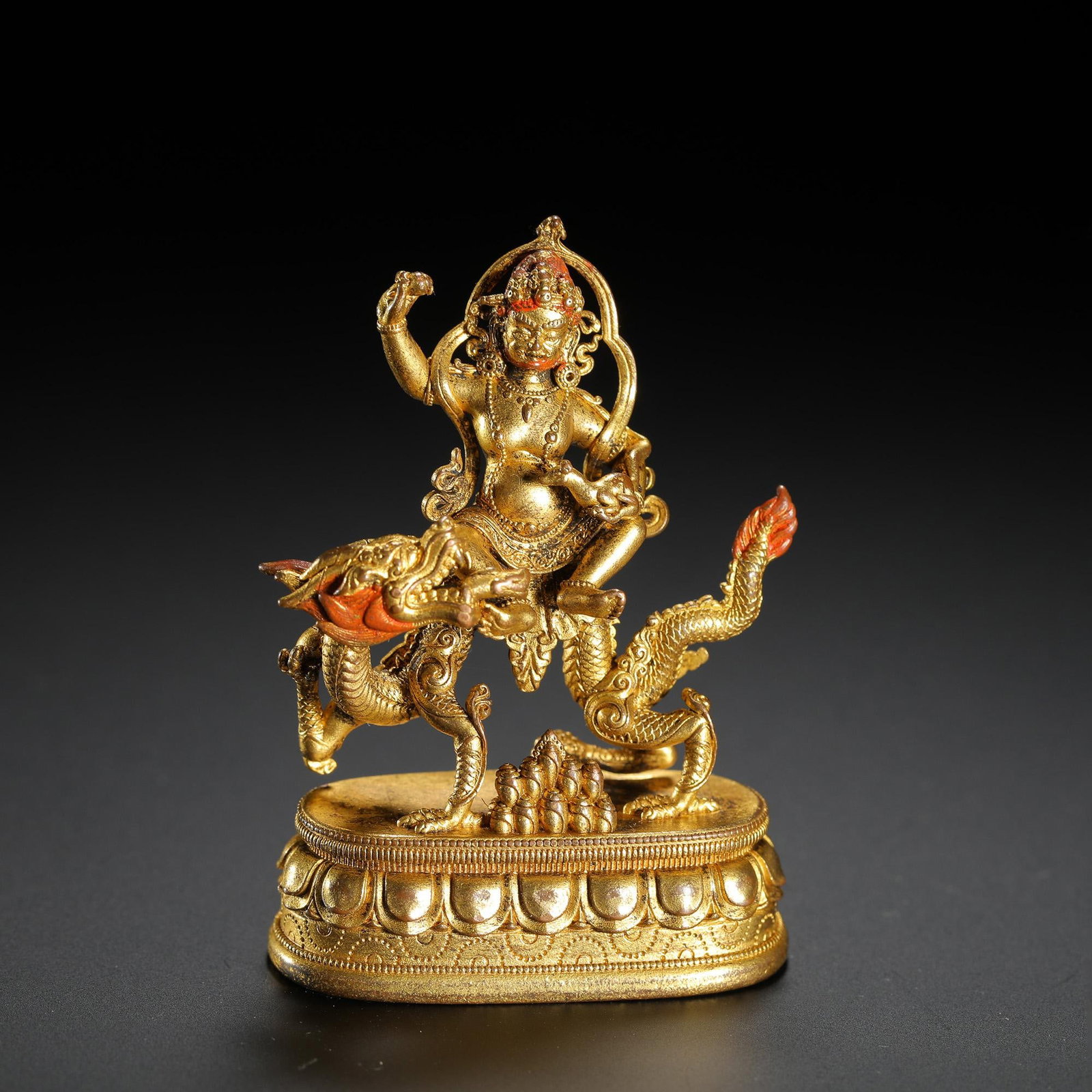 Gilt-Bronze Riding Dragon White Wealth Deity Figure: Gilt-Bronze Riding Dragon White Wealth Deity Figure. Length: 1.77" Width: 0.83" Height: 2.48"