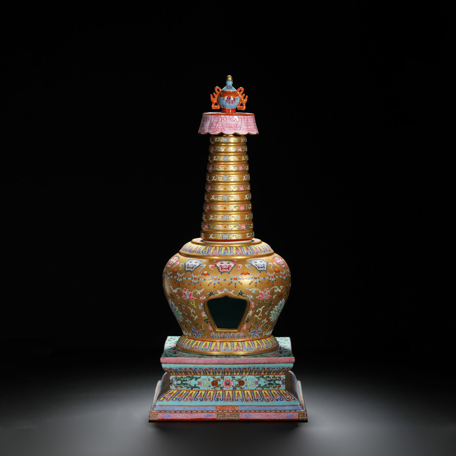 Famille-Rose Buddhist Pagoda: Famille-Rose Buddhist Pagoda. Length: 7.68" Width: 7.68" Height: 16.93"