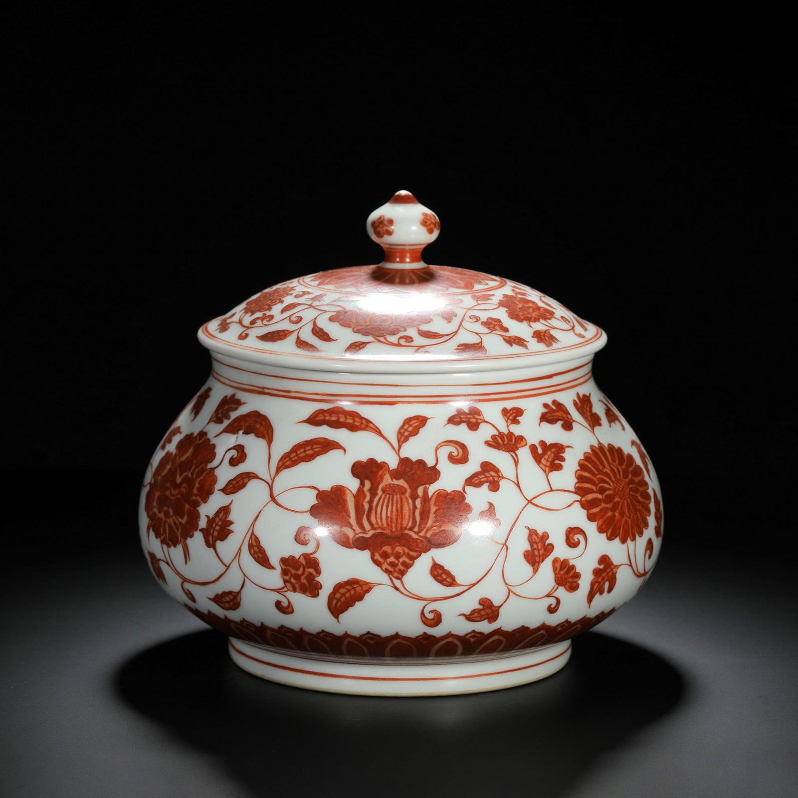 Iron-Red Floral Covered Jar: Iron-Red Floral Covered Jar. Diam: 8.66" Height: 7.87"