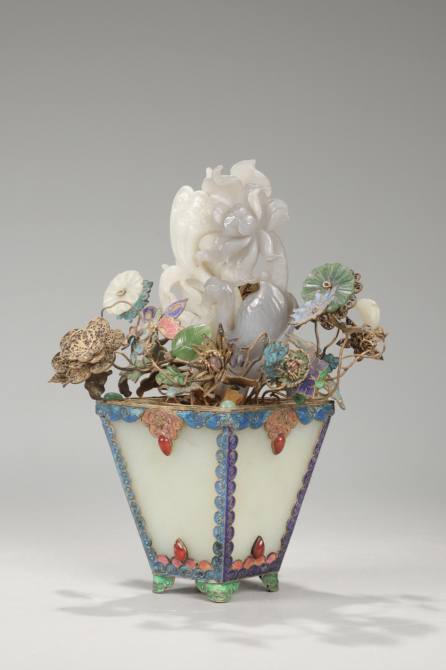 A Jade and Silver Enamel Ornament: A Jade and Silver Enamel Ornament. Height: 7.87in; Width: 6.69in; Width: 6.69in; Height: 4.65in; Width: 2.95in; Weight: 26.40oz.
