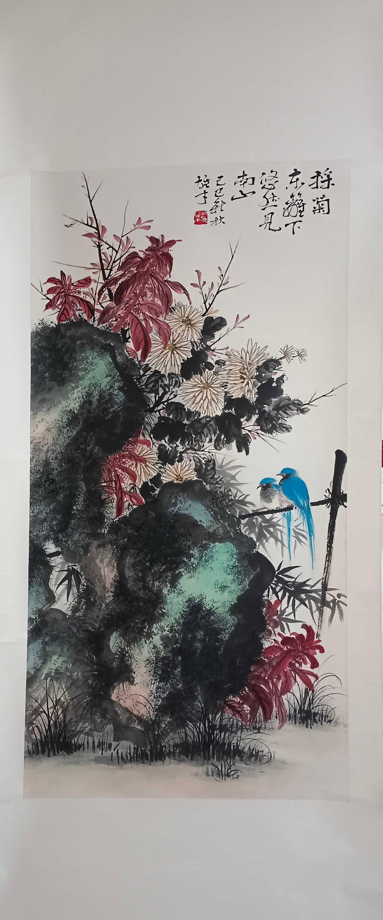 A Chinese Painting Depicting Birds and Flowers: A Chinese Painting Depicting Birds and Flowers. Length: 52.76in; Width: 26.38in.