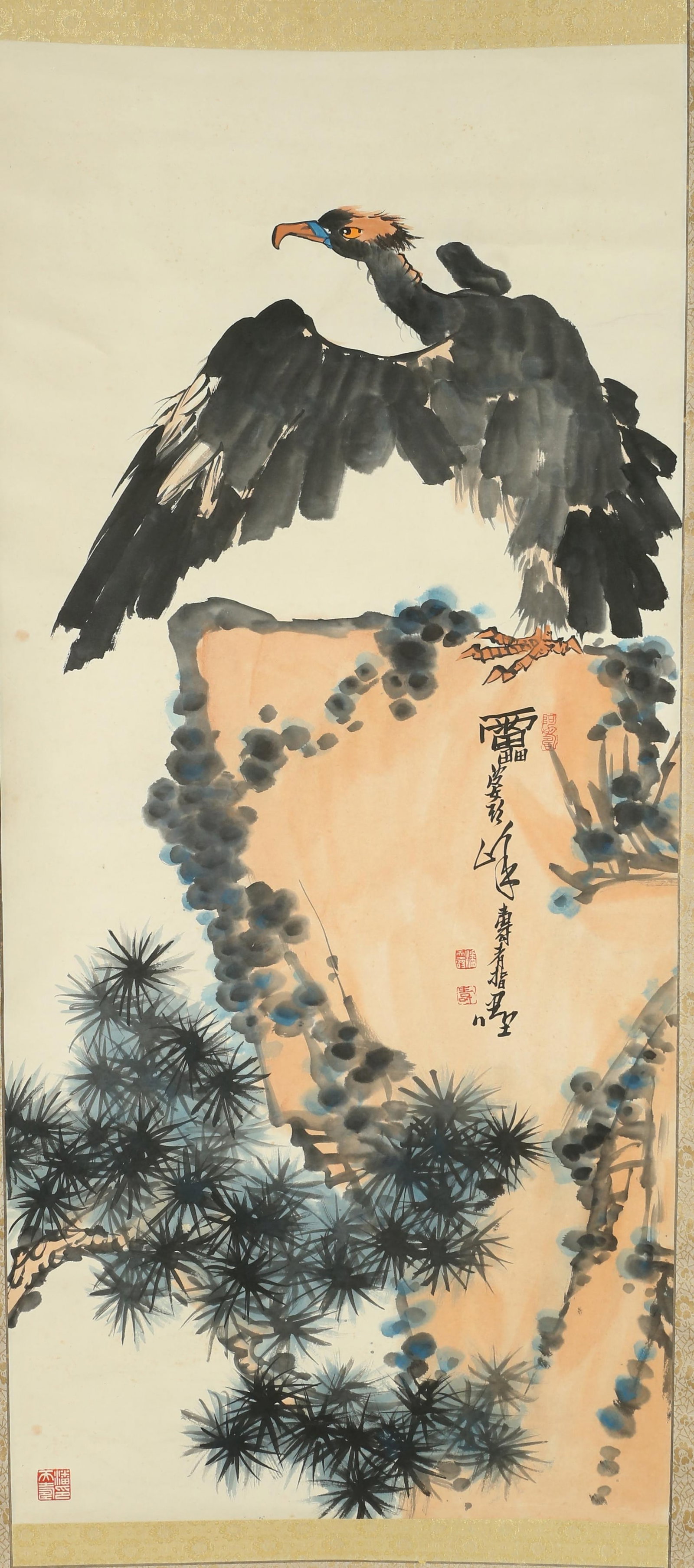 Chinese Hanging Scroll Painting: Ink and color on paper, depicting a bald eagle. Height: 41.3" Length: 19.3"