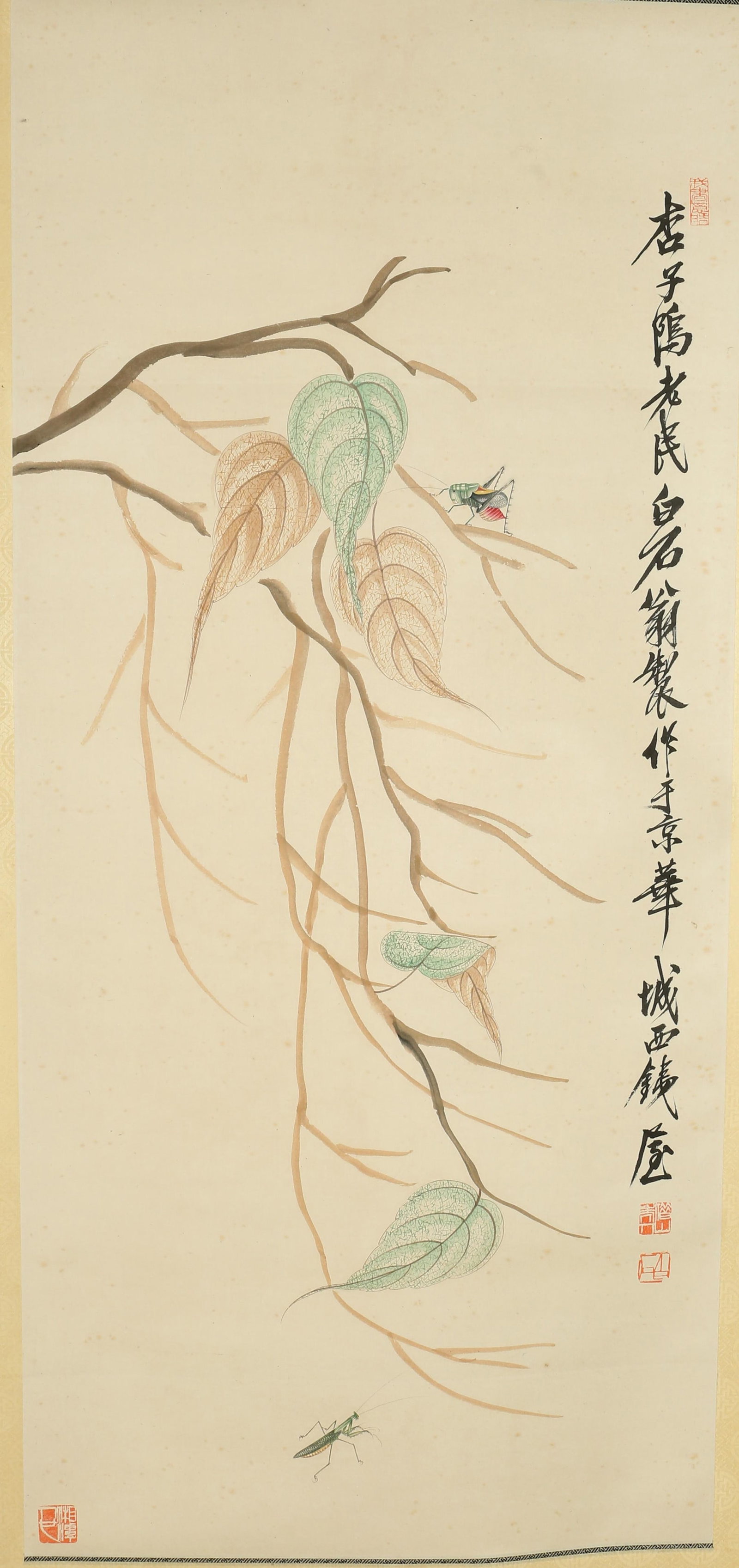 Chinese Hanging Scroll Painting: Ink and color, depicting insects and leaves, signed with seal attributed to Qi BaiShi. Height: 41.3" Length: 18.9"