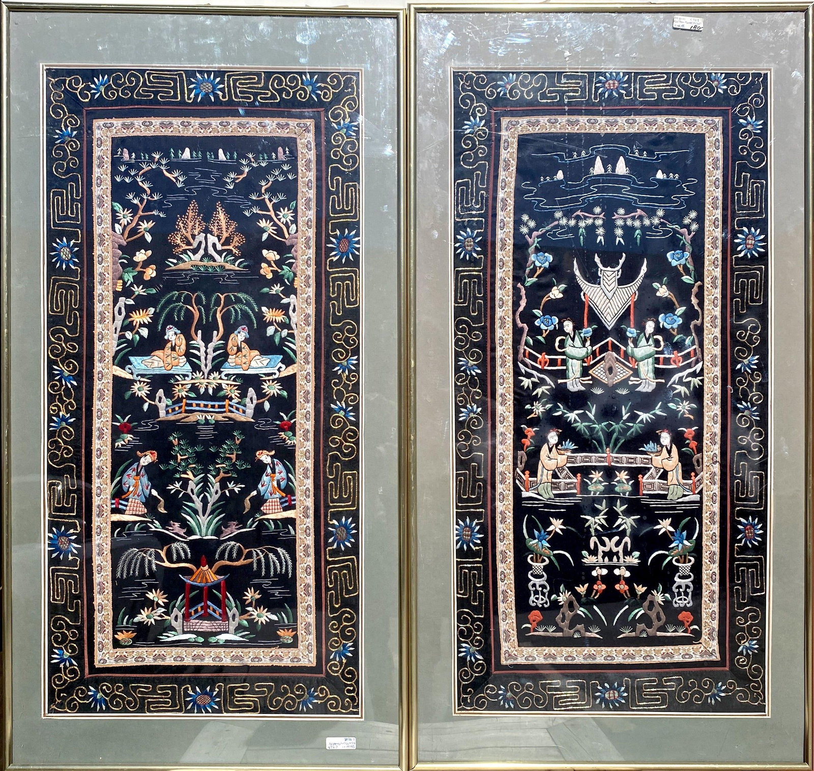 A Pair of Framed Embroidery: A Pair of Framed Embroidery. Length: 16" Height: 30.5" (Frame)